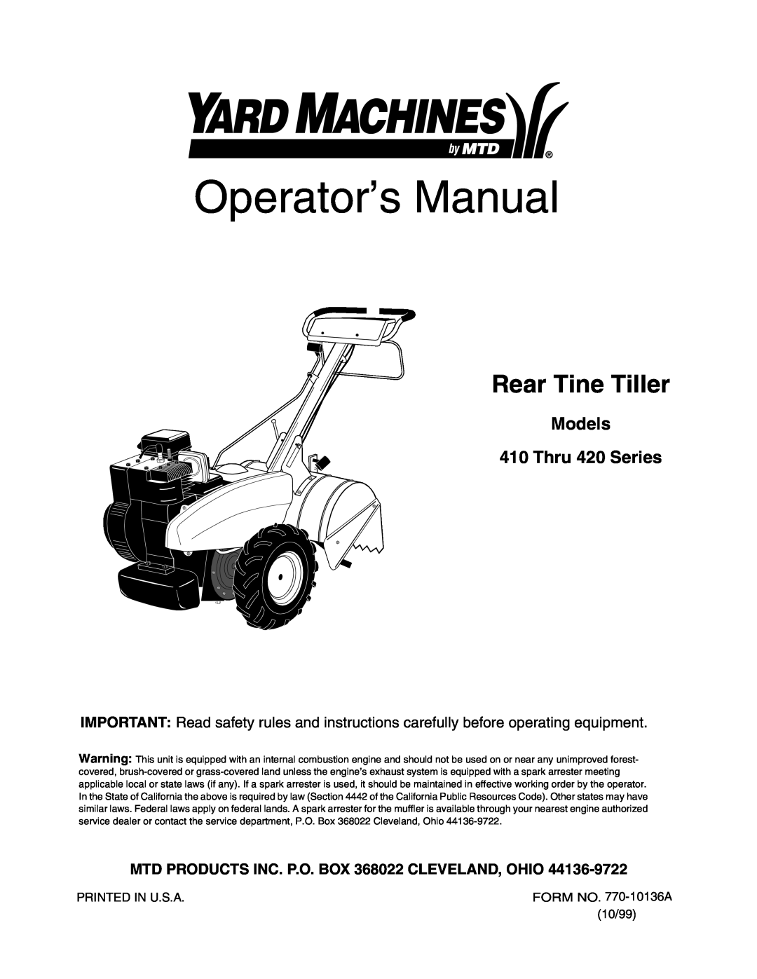 MTD manual Operator’s Manual, Rear Tine Tiller, Models 410 Thru 420 Series 