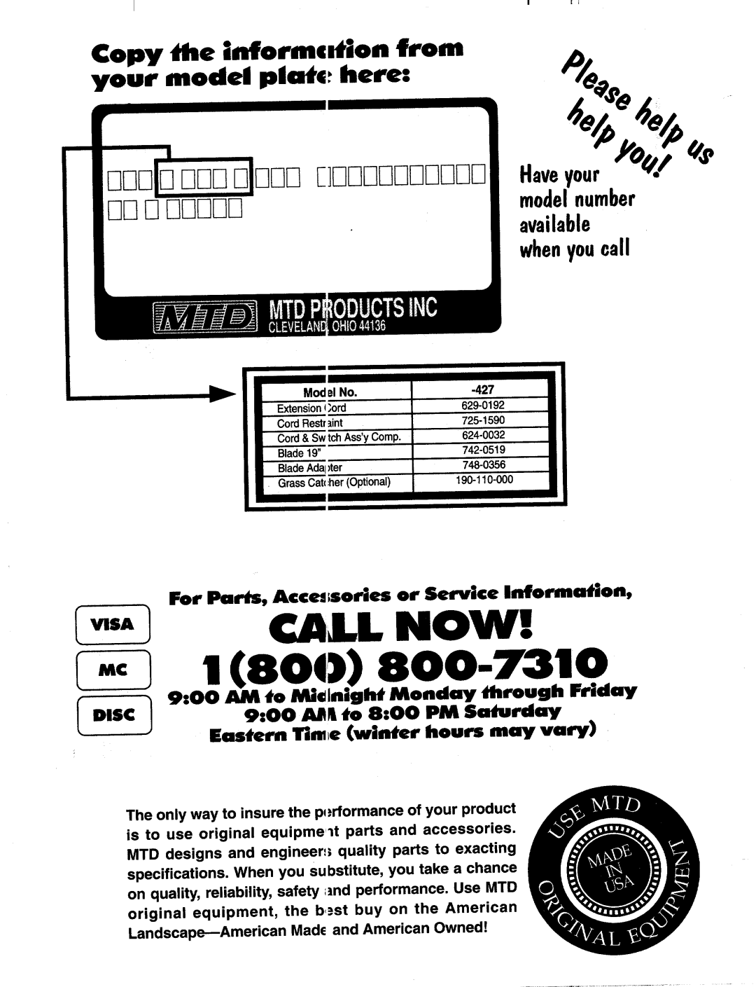 MTD 427 manual 