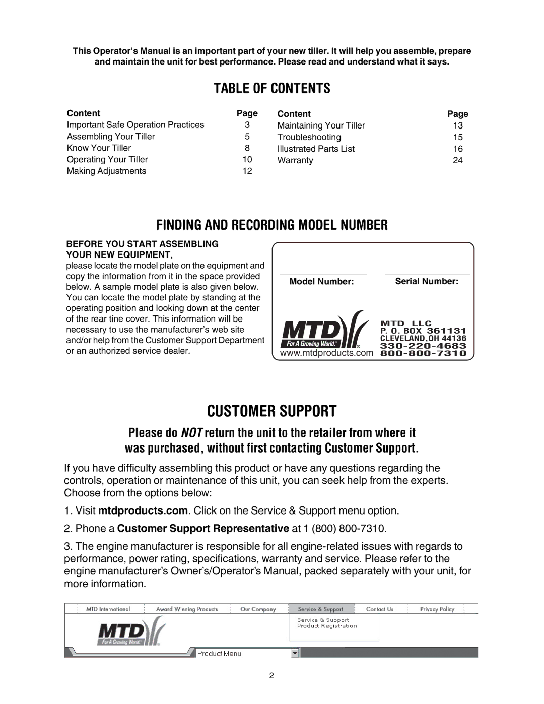 MTD 428C manual Customer Support, Table of Contents 