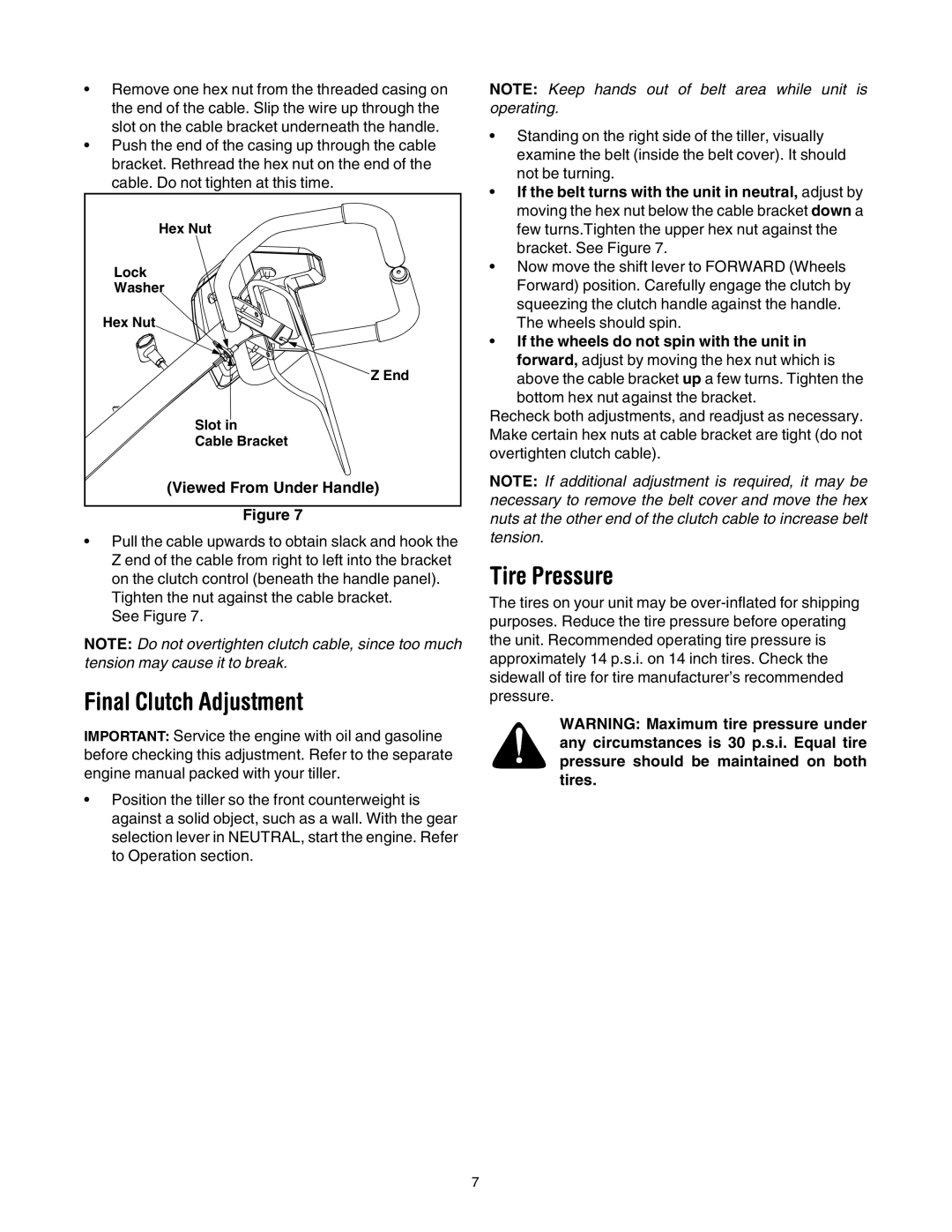 MTD 428C manual Final Clutch Adjustment, Tire Pressure, Viewed From Under Handle, If the wheels do not spin with the unit 