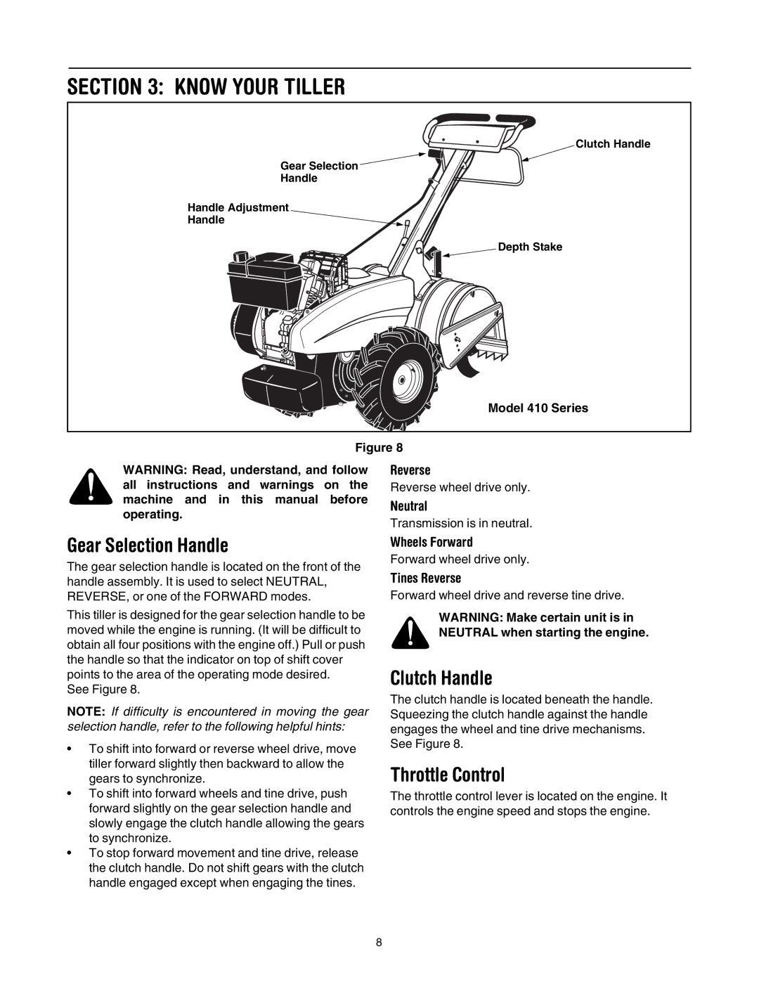 MTD 428C manual Know Your Tiller, Gear Selection Handle, Clutch Handle, Throttle Control, Model 410 Series 