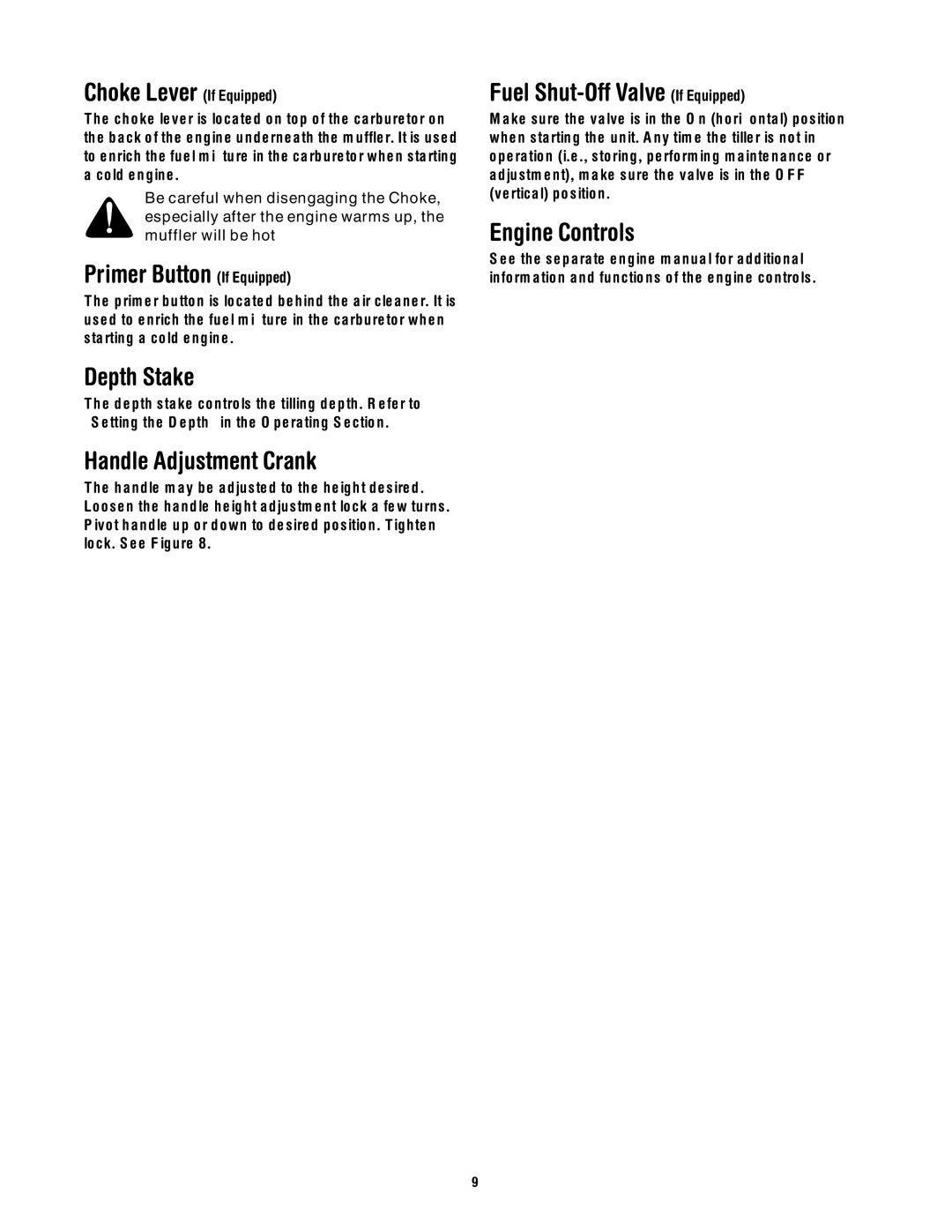 MTD 428C Primer Button If Equipped, Depth Stake, Handle Adjustment Crank, Fuel Shut-Off Valve If Equipped, Engine Controls 
