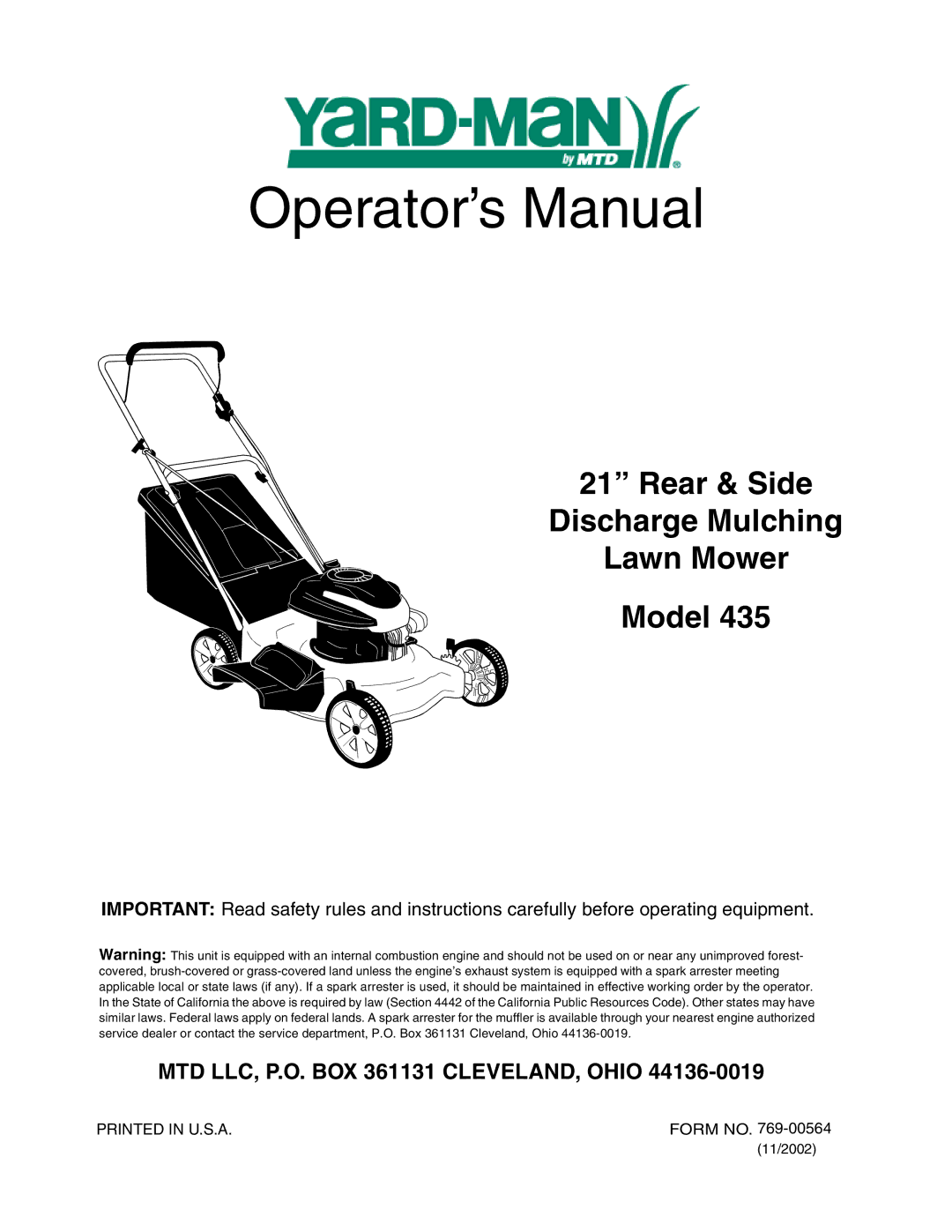 MTD 435 manual Operator’s Manual 