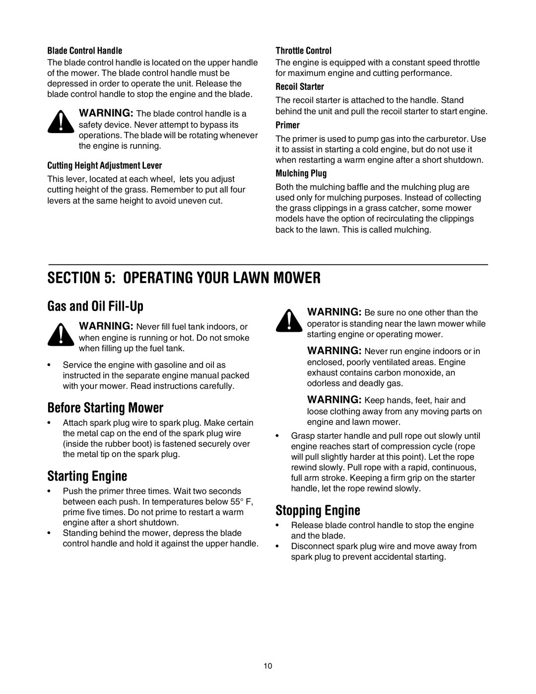 MTD 435 manual Operating Your Lawn Mower, Gas and Oil Fill-Up, Before Starting Mower, Starting Engine, Stopping Engine 