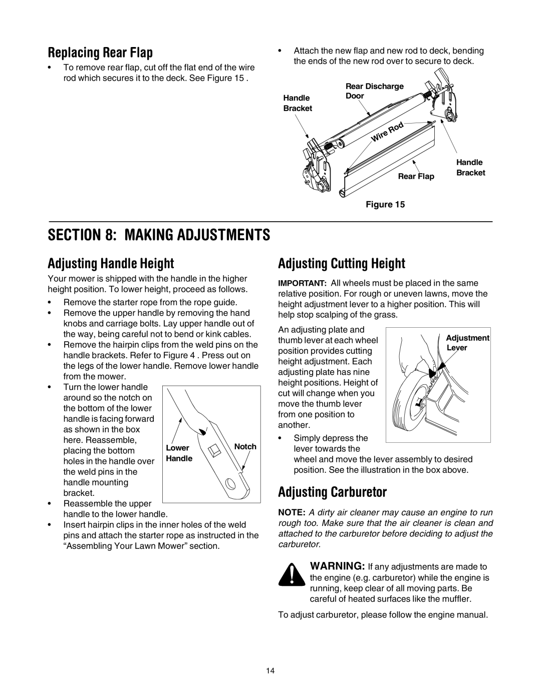 MTD 435 manual Making Adjustments, Replacing Rear Flap, Adjusting Handle Height, Adjusting Carburetor 