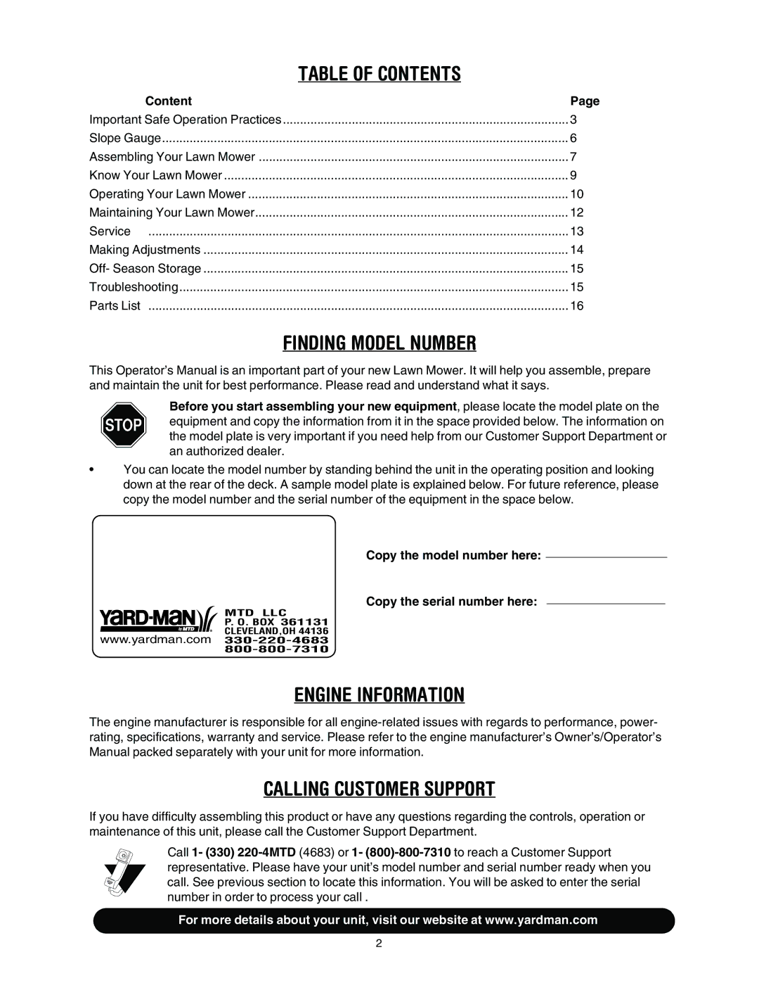 MTD 435 manual Table of Contents 