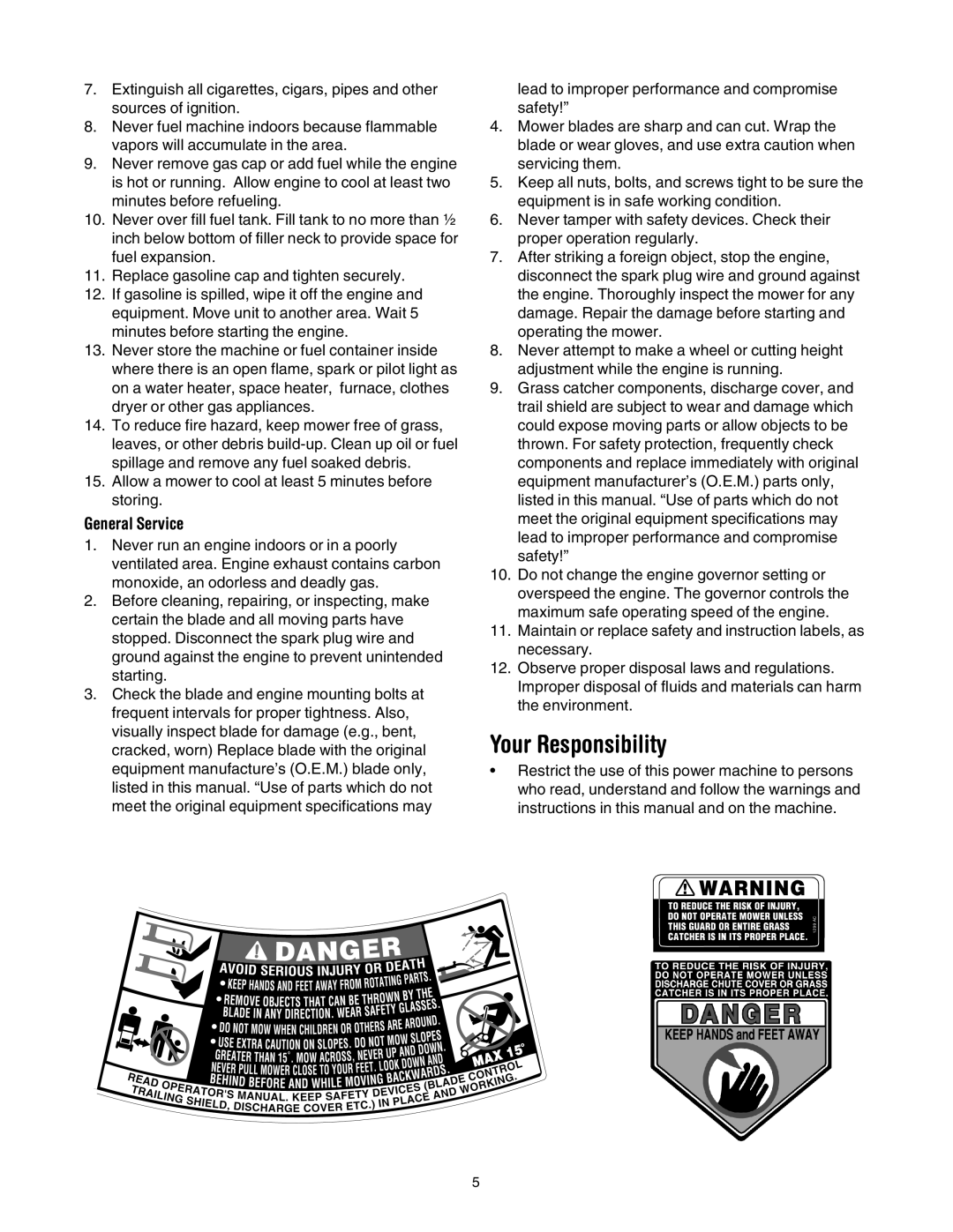 MTD 435 manual Your Responsibility, General Service 