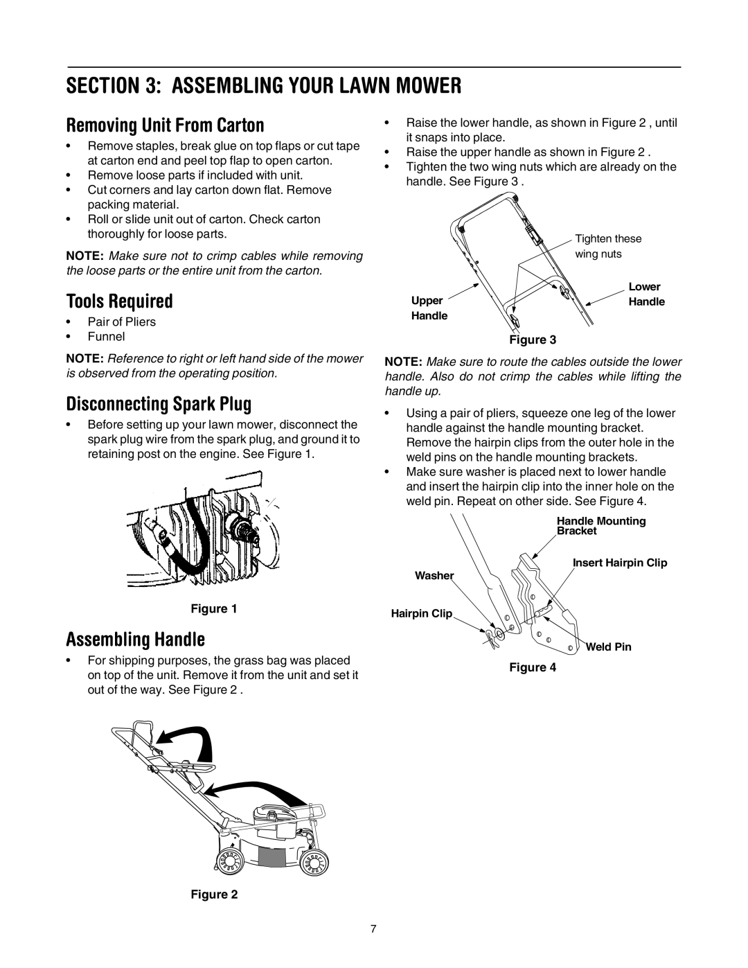 MTD 435 Assembling Your Lawn Mower, Removing Unit From Carton, Tools Required, Disconnecting Spark Plug, Assembling Handle 