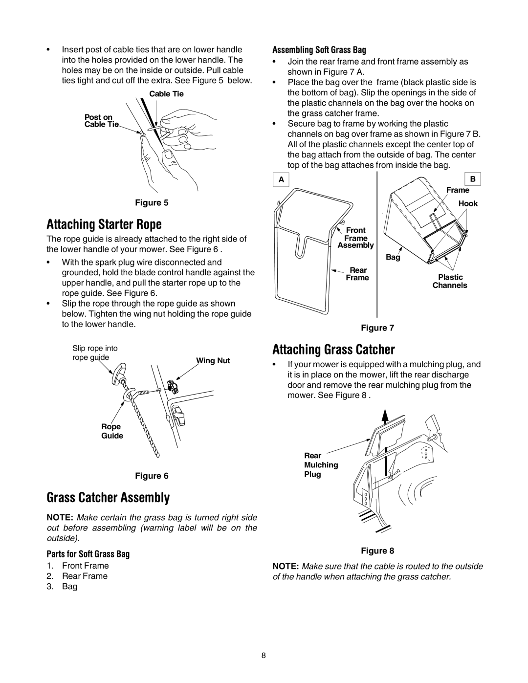 MTD 435 manual Attaching Starter Rope, Attaching Grass Catcher, Grass Catcher Assembly, Assembling Soft Grass Bag 