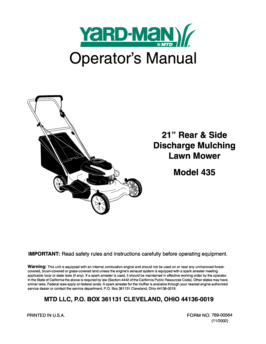 MTD 435 manual Operator’s Manual, 21” Rear & Side Discharge Mulching Lawn Mower, Model 