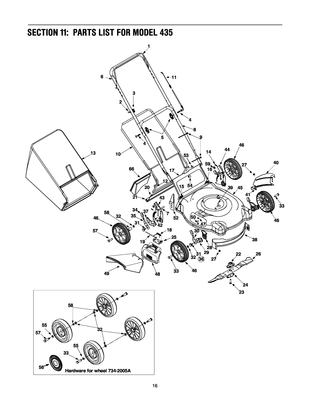 MTD 435 manual Parts List For Model, 24 23 58 55 32 57 55, Hardware for wheel 734-2005A 