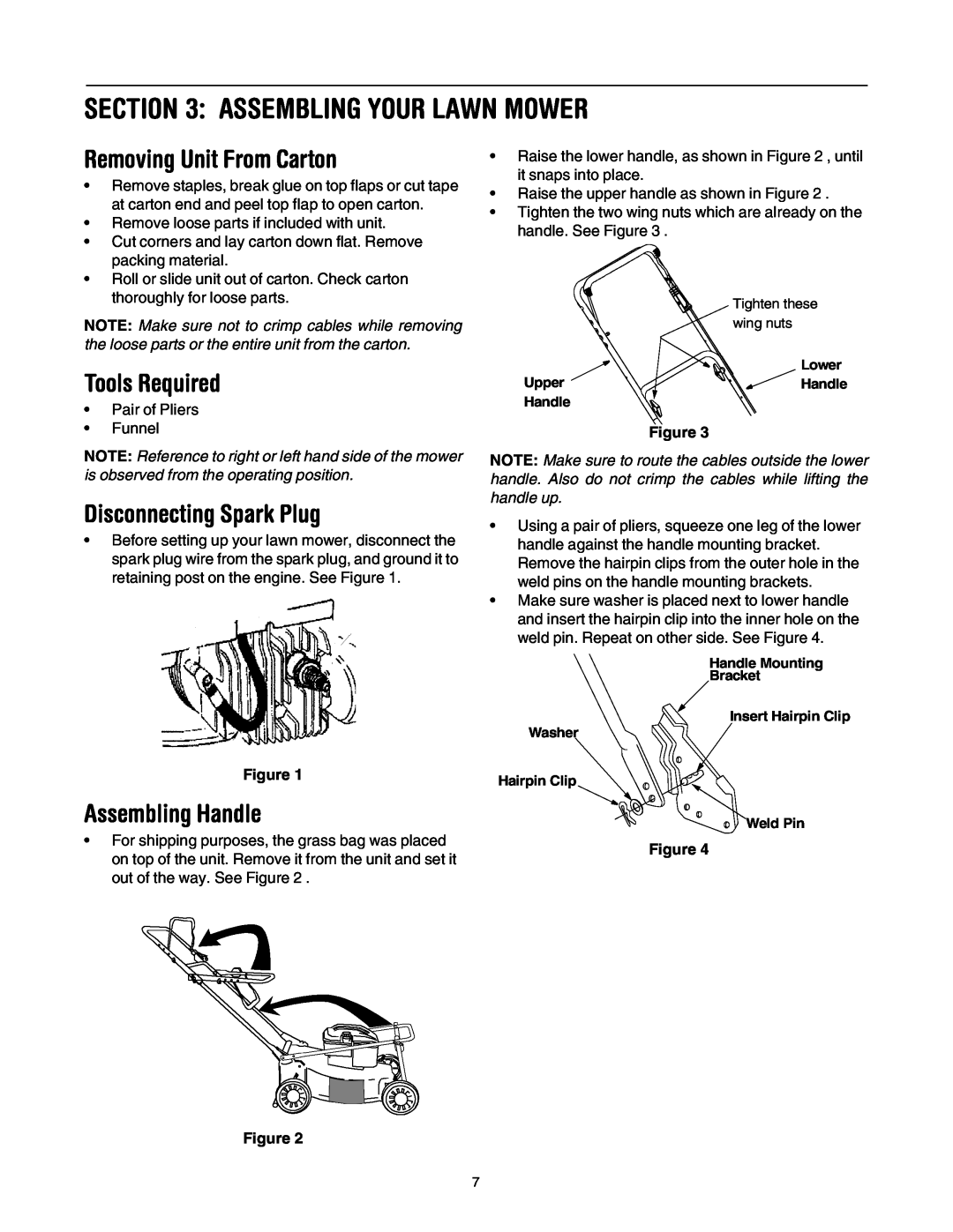 MTD 435 Assembling Your Lawn Mower, Removing Unit From Carton, Tools Required, Disconnecting Spark Plug, Assembling Handle 