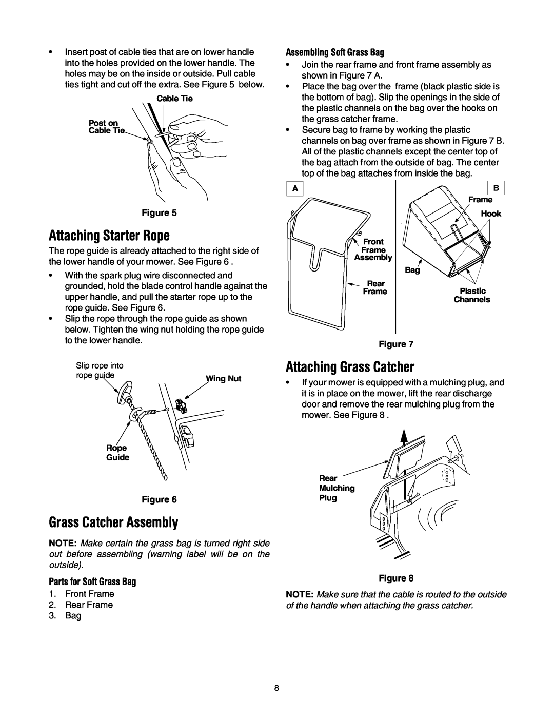 MTD 435 manual Attaching Starter Rope, Attaching Grass Catcher, Grass Catcher Assembly, Assembling Soft Grass Bag 