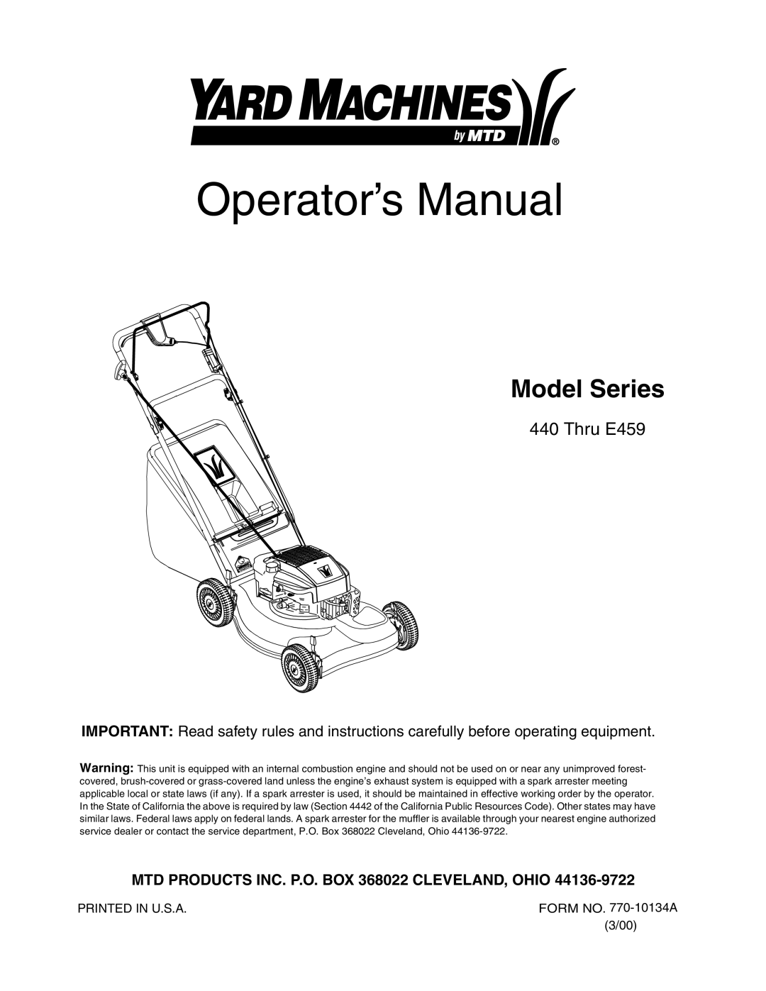 MTD 440 Thru E459 manual Operator’s Manual 