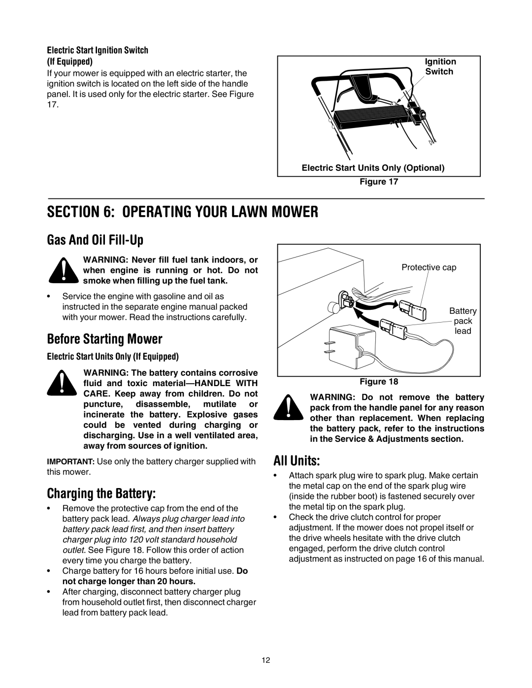 MTD 440 Thru E459 Operating Your Lawn Mower, Gas And Oil Fill-Up, Before Starting Mower, Charging the Battery, All Units 