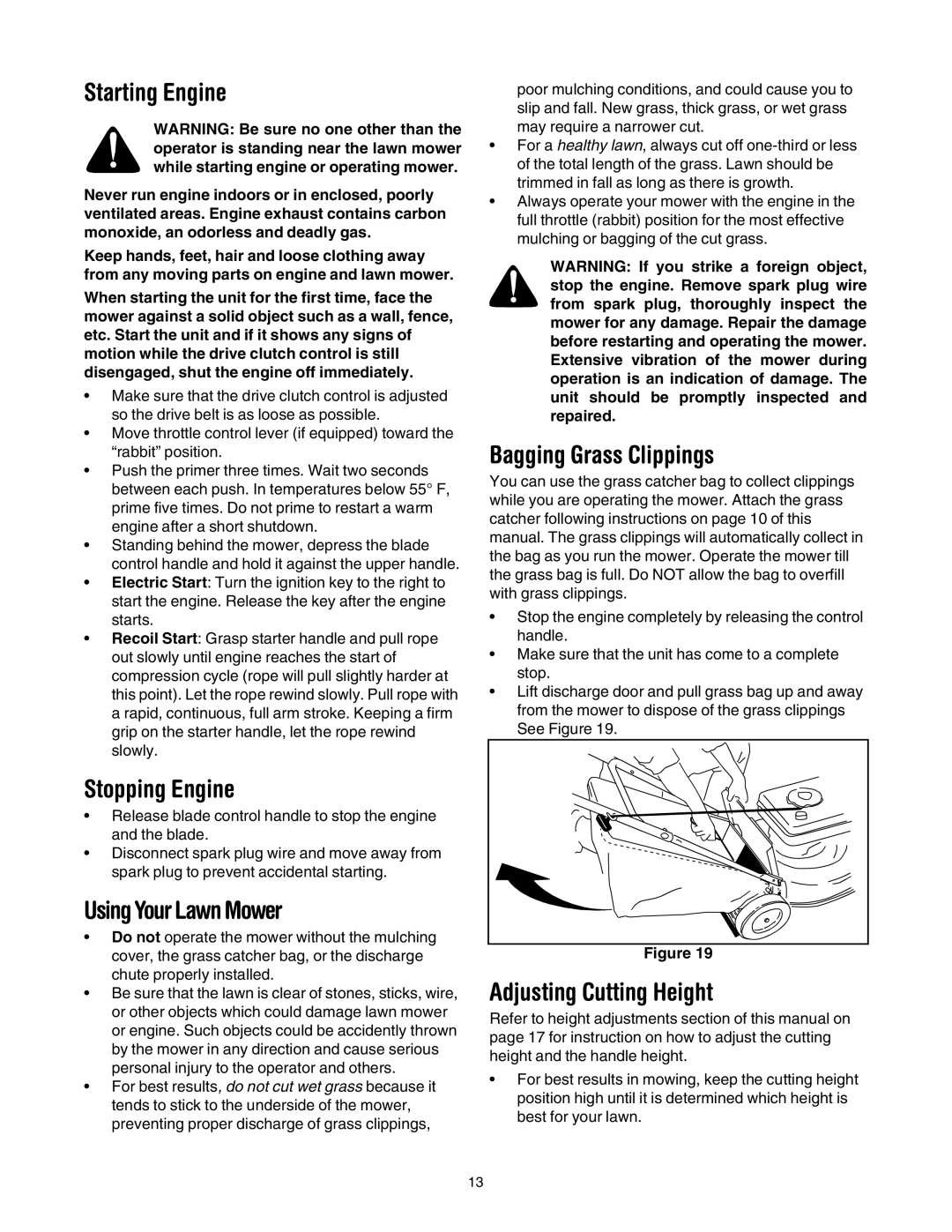 MTD 440 Thru E459 manual Starting Engine, Stopping Engine, Using Your Lawn Mower, Bagging Grass Clippings 