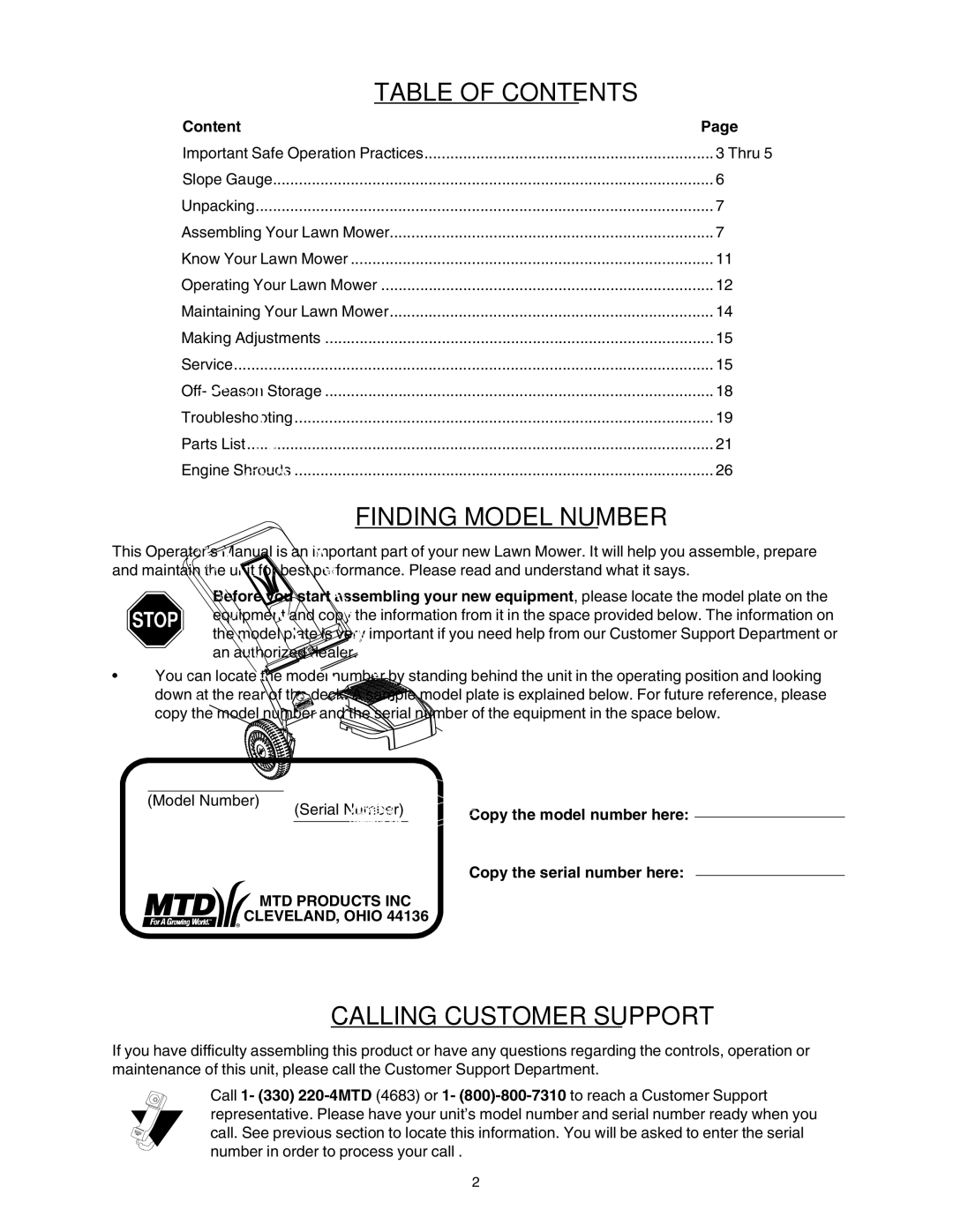 MTD 440 Thru E459 manual Table of Contents, Finding Model Number, Calling Customer Support 