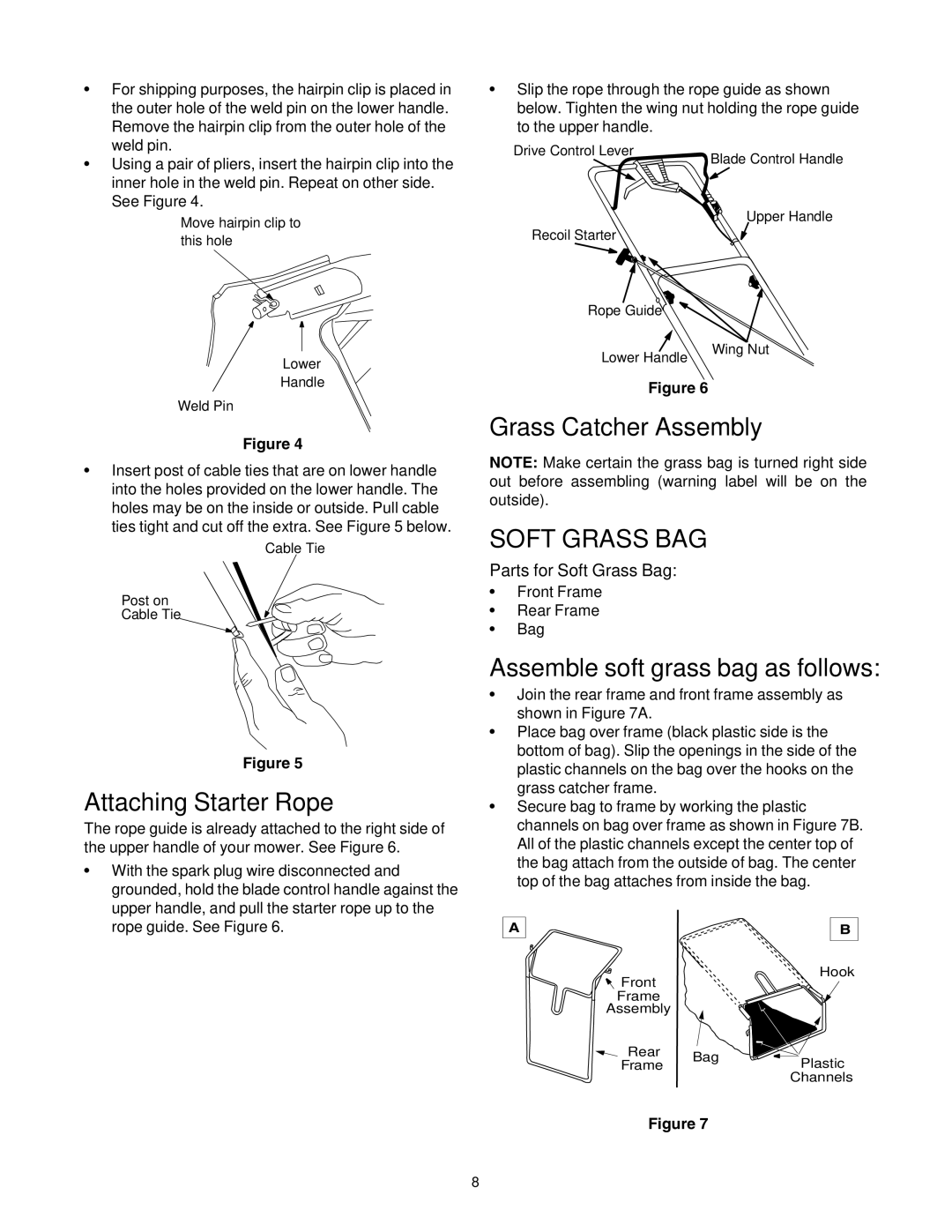 MTD 440 Thru E459 manual Attaching Starter Rope, Grass Catcher Assembly, Soft Grass BAG, Assemble soft grass bag as follows 