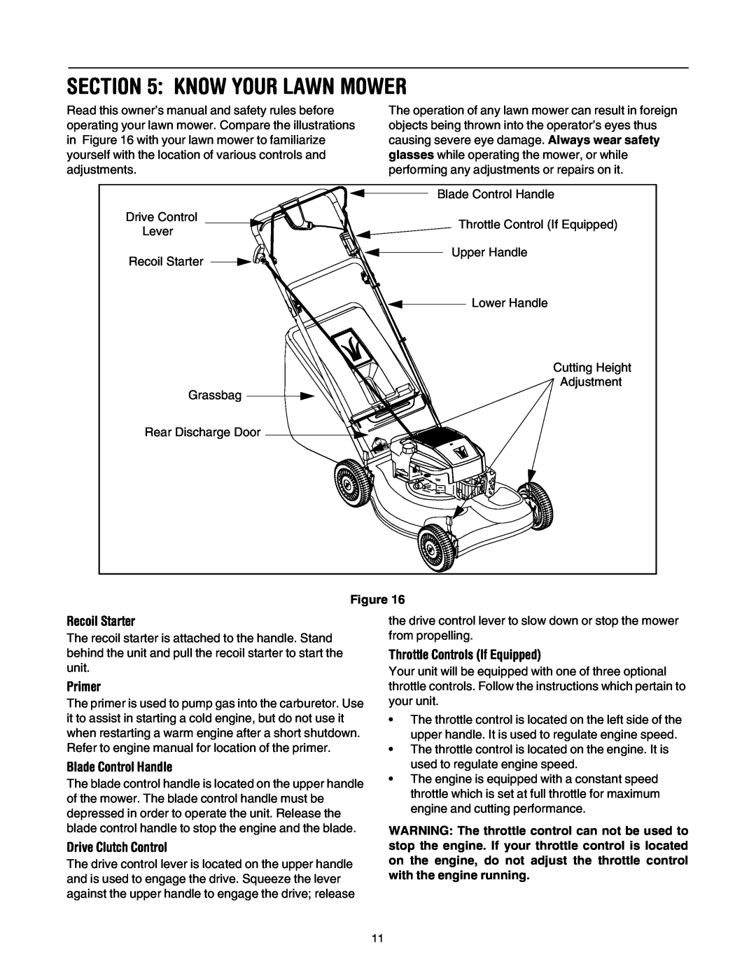 MTD 440 Thru E459 manual Know Your Lawn Mower, Recoil Starter, Primer, Blade Control Handle, Drive Clutch Control 