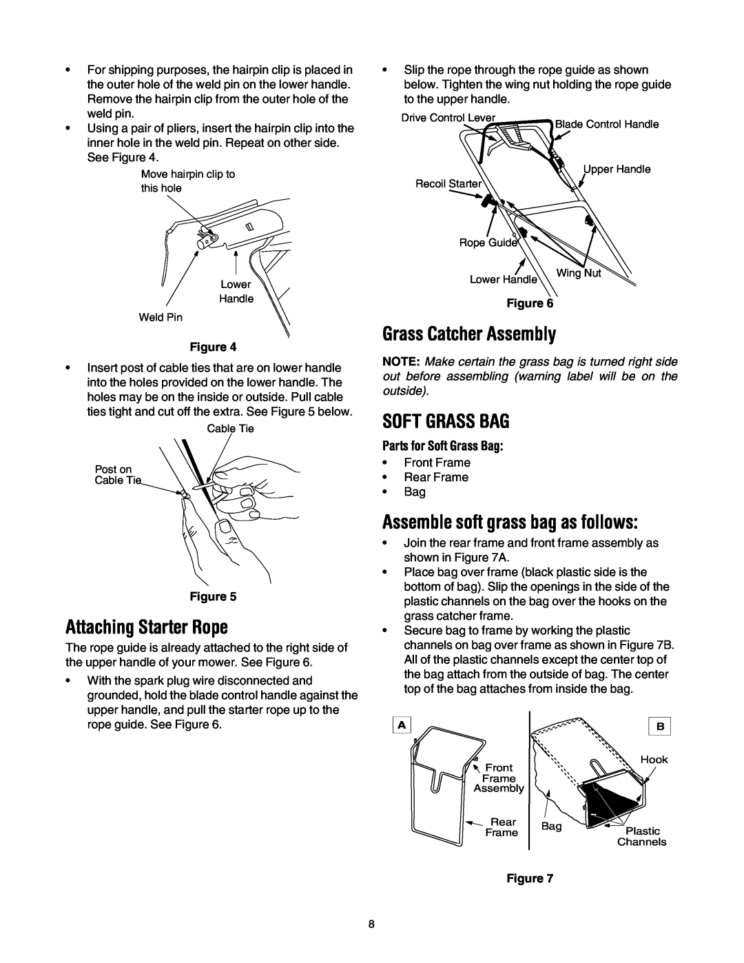 MTD 440 Thru E459 manual Attaching Starter Rope, Grass Catcher Assembly, Soft Grass Bag, Assemble soft grass bag as follows 