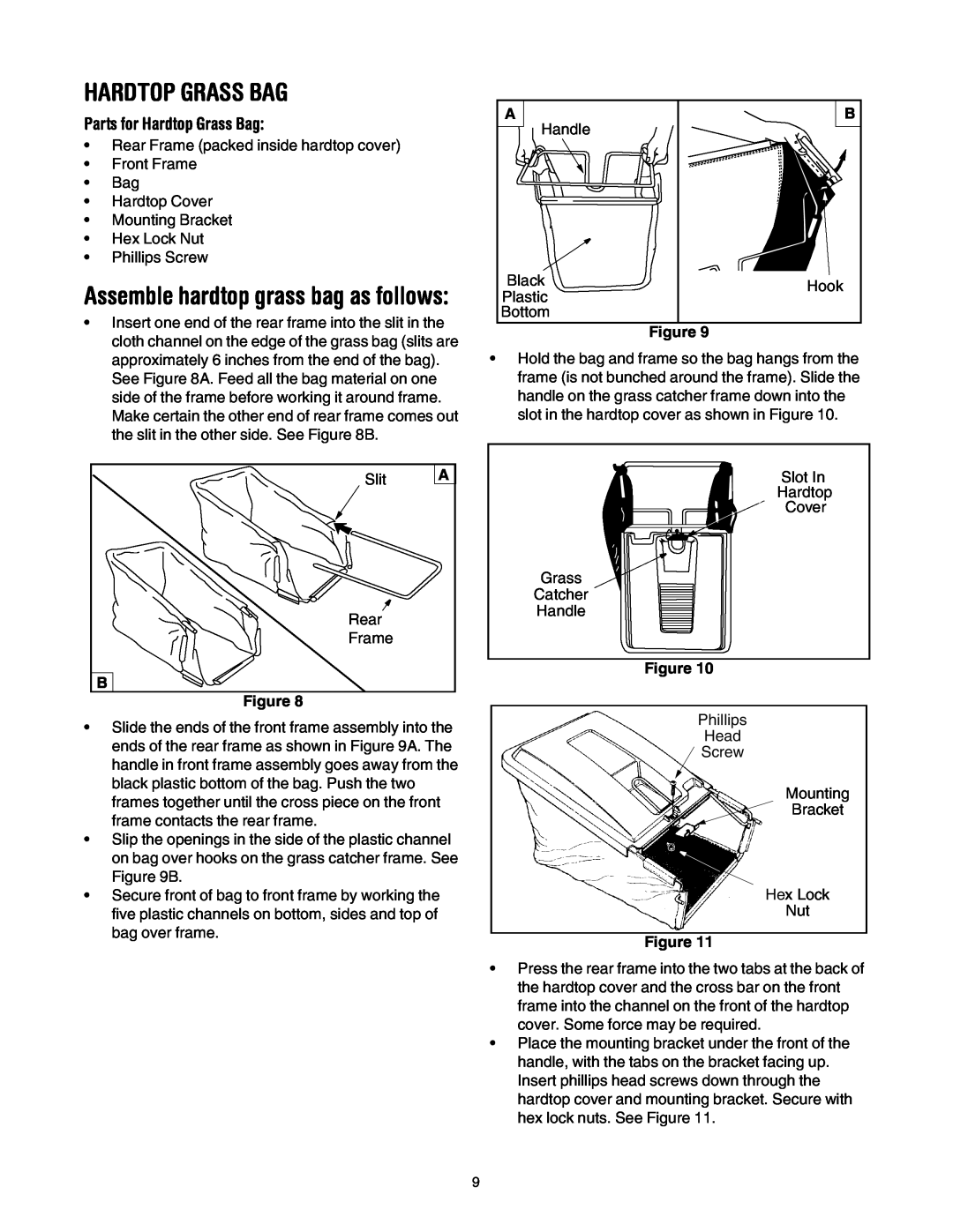 MTD 440 Thru E459 manual Parts for Hardtop Grass Bag, Assemble hardtop grass bag as follows 