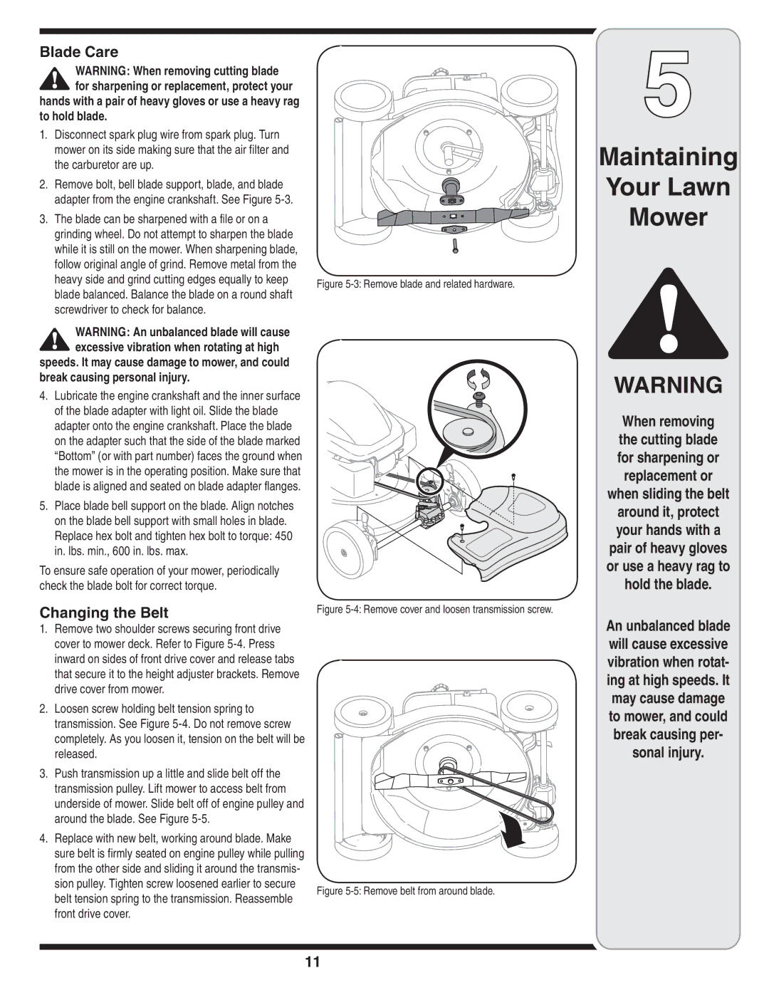 MTD 44M warranty Blade Care, Changing the Belt, Sonal injury 