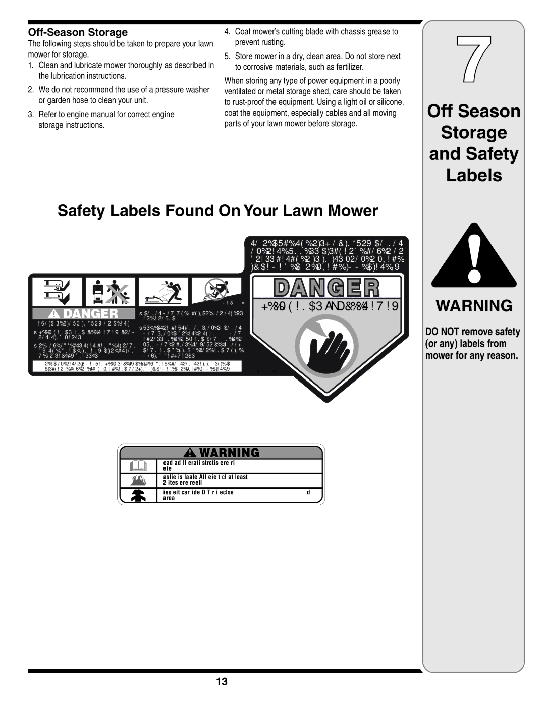 MTD 44M warranty Off Season Storage Safety Labels, Safety Labels Found On Your Lawn Mower, Off-Season Storage 