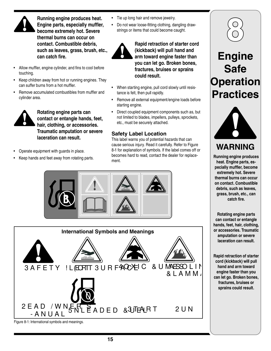 MTD 44M warranty Safety Label Location, International Symbols and Meanings, Running engine produces 