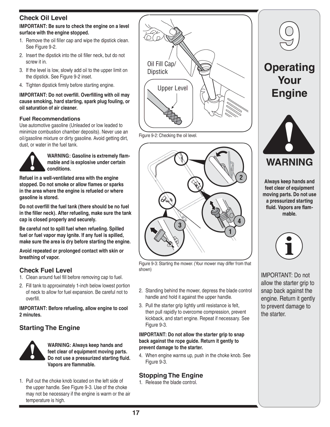 MTD 44M warranty Check Oil Level, Check Fuel Level, Starting The Engine, Stopping The Engine 