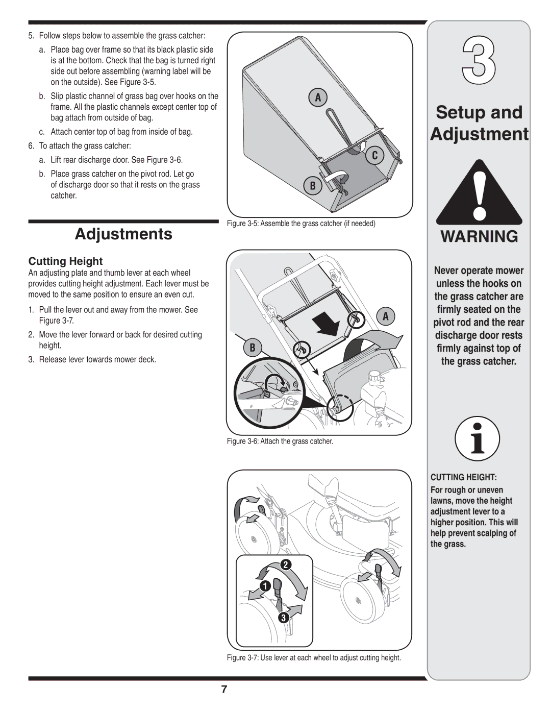 MTD 44M warranty Adjustments, Cutting Height, Grass catcher 