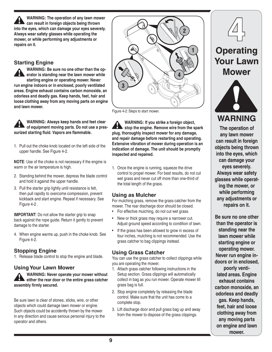 MTD 44M Starting Engine, Using as Mulcher, Stopping Engine, Using Your Lawn Mower, Using Grass Catcher, Operating mower 