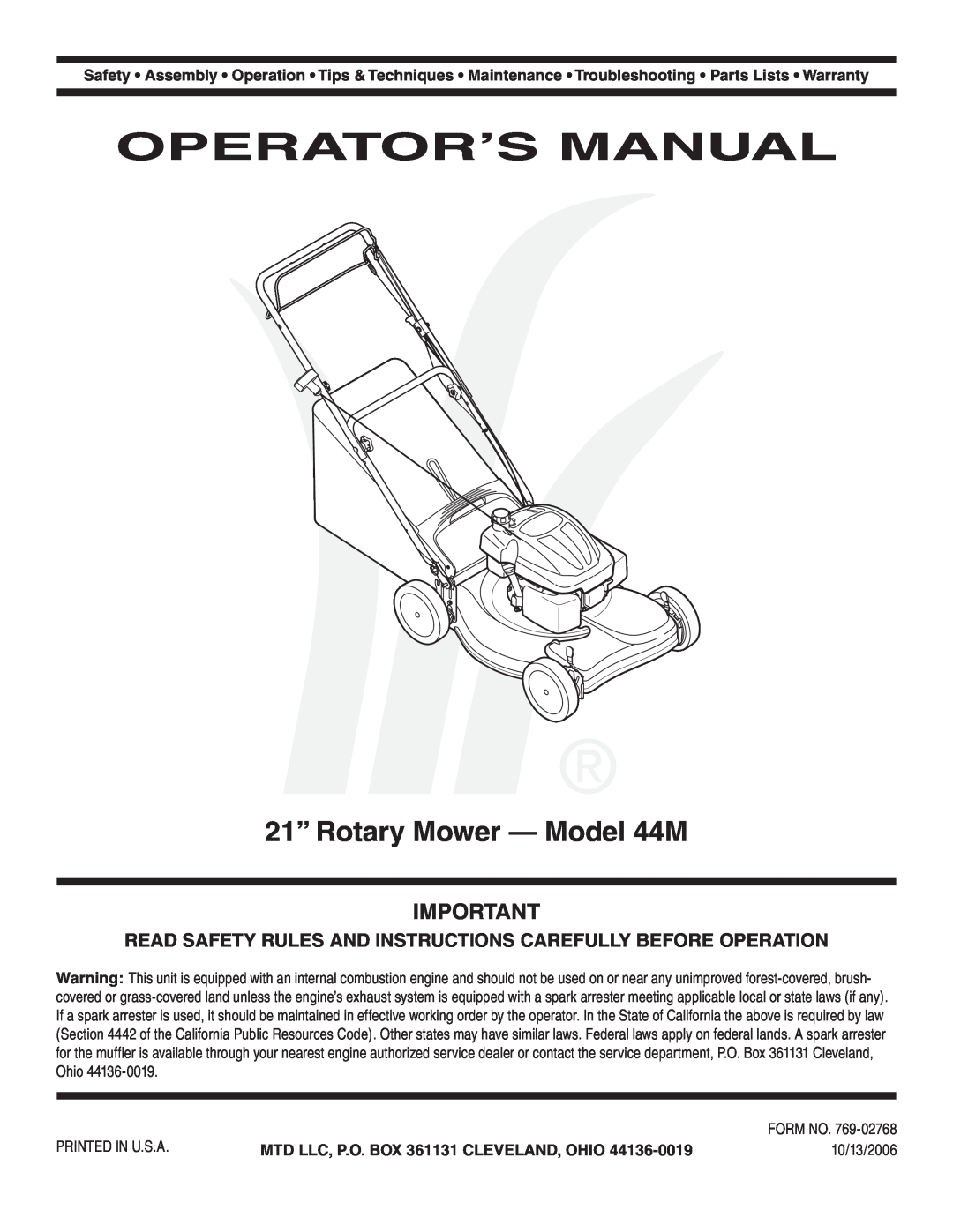 MTD warranty Operator’S Manual, 21” Rotary Mower - Model 44M, MTD LLC, P.O. BOX 361131 CLEVELAND, OHIO 