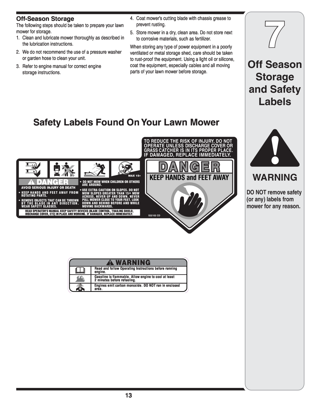 MTD 44M warranty Off Season Storage and Safety Labels, Safety Labels Found On Your Lawn Mower, Off-Season Storage 