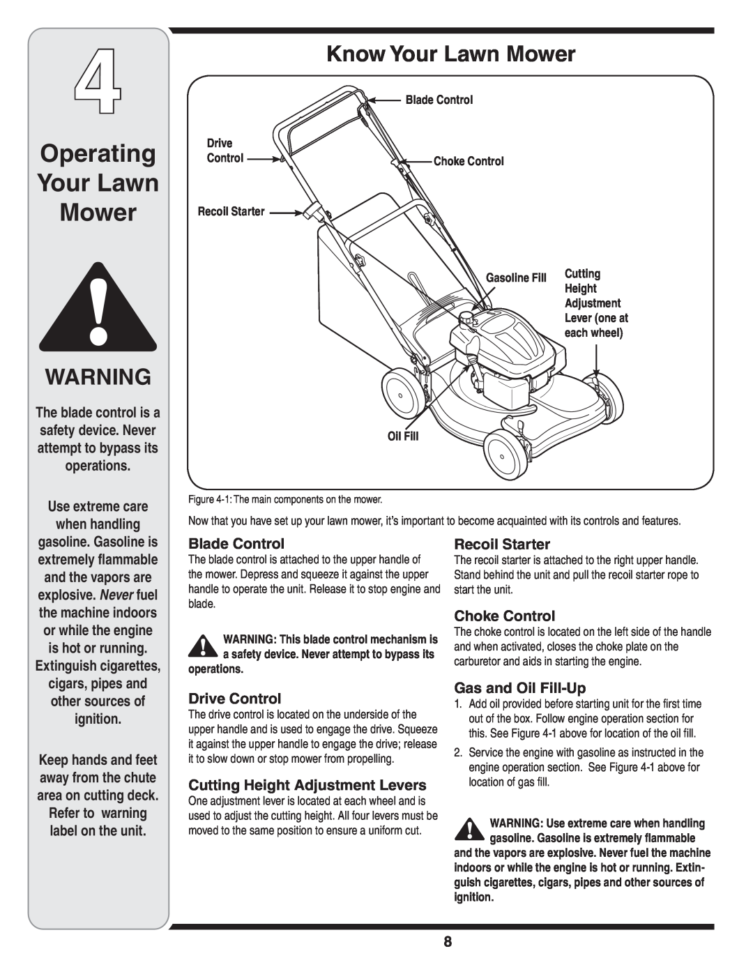 MTD 44M Operating Your Lawn Mower, Know Your Lawn Mower, Use extreme care when handling, Blade Control, Recoil Starter 