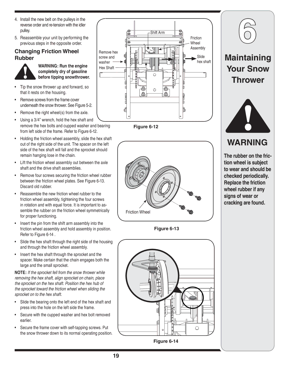 MTD 33, 45, 28 warranty Changing Friction Wheel Rubber, Using a 3/4 wrench, hold the hex shaft 