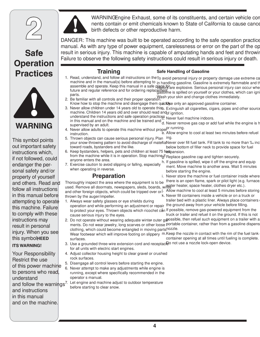 MTD 33, 45, 28 warranty Safe Operation Practices, Training, Preparation, Your Responsibility, Safe Handling of Gasoline 