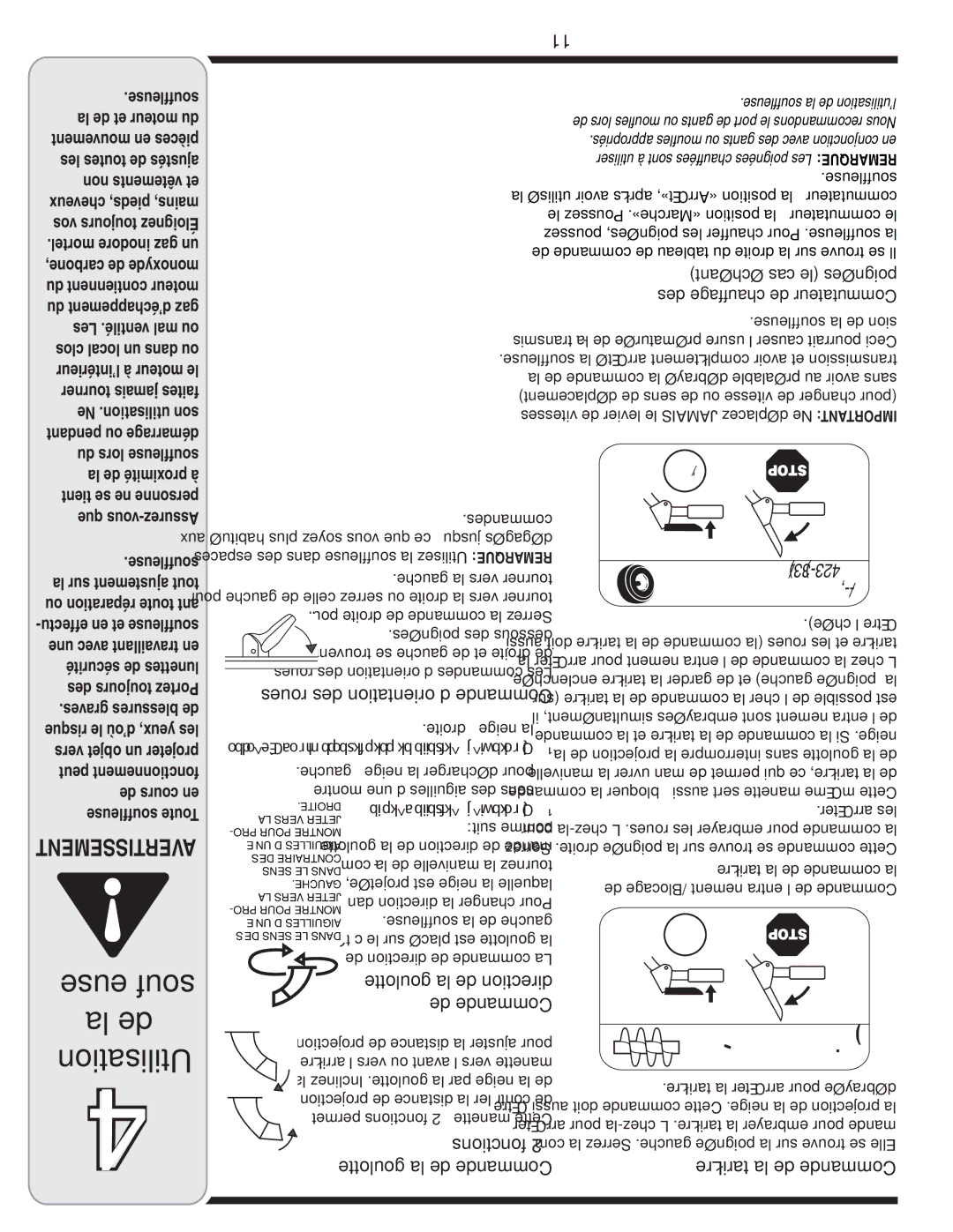 MTD 33, 45, 28 warranty Roues des d’orientation Commande, Goulotte la de direction, Fonctions 2 à, Goulotte la de Commande 