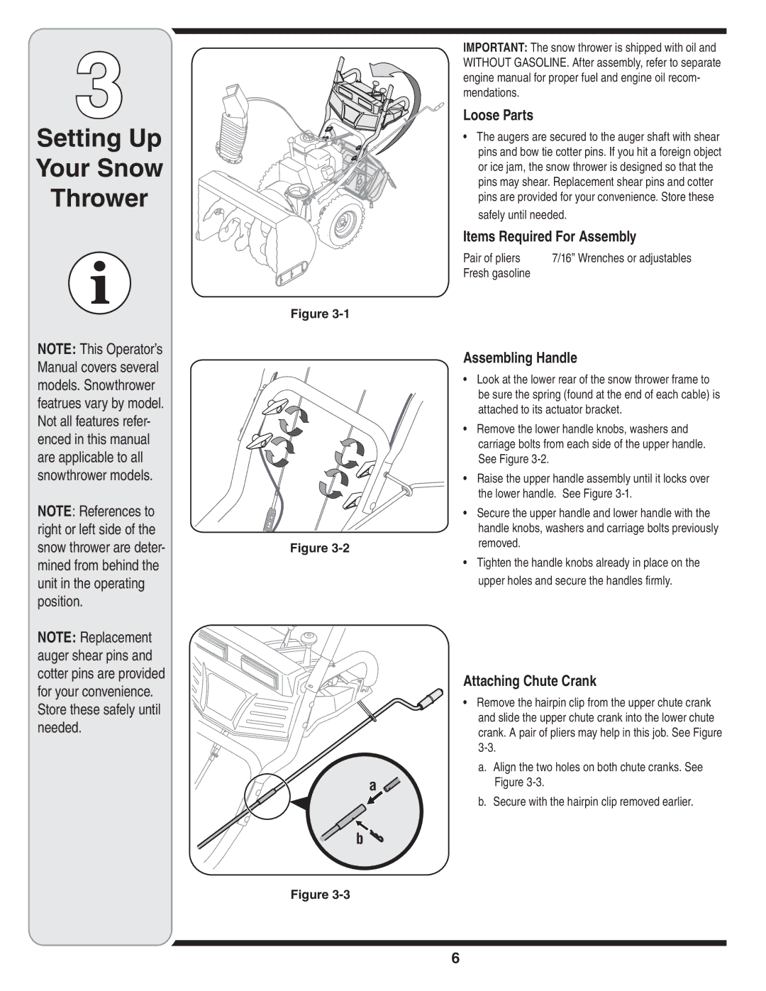 MTD 45 Setting Up Your Snow Thrower, Loose Parts, Items Required For Assembly, Assembling Handle, Attaching Chute Crank 