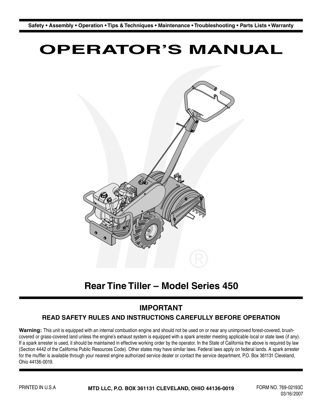 MTD 460 Series, 450 Series warranty OPERATOR’S Manual, MTD LLC, P.O. BOX 361131 CLEVELAND, Ohio 