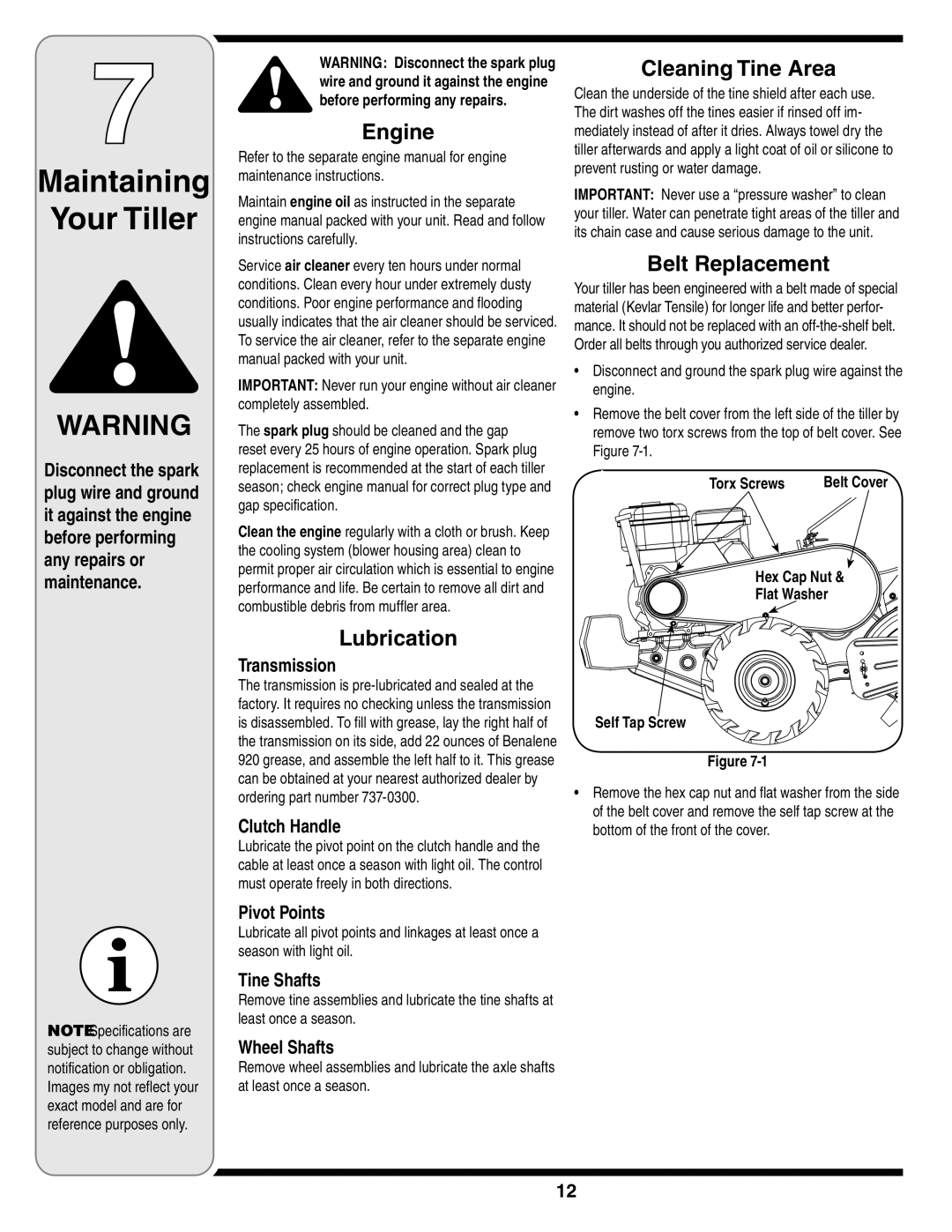 MTD 450 Series, 460 Series warranty Maintaining Your Tiller, Engine, Lubrication, Cleaning Tine Area, Belt Replacement 