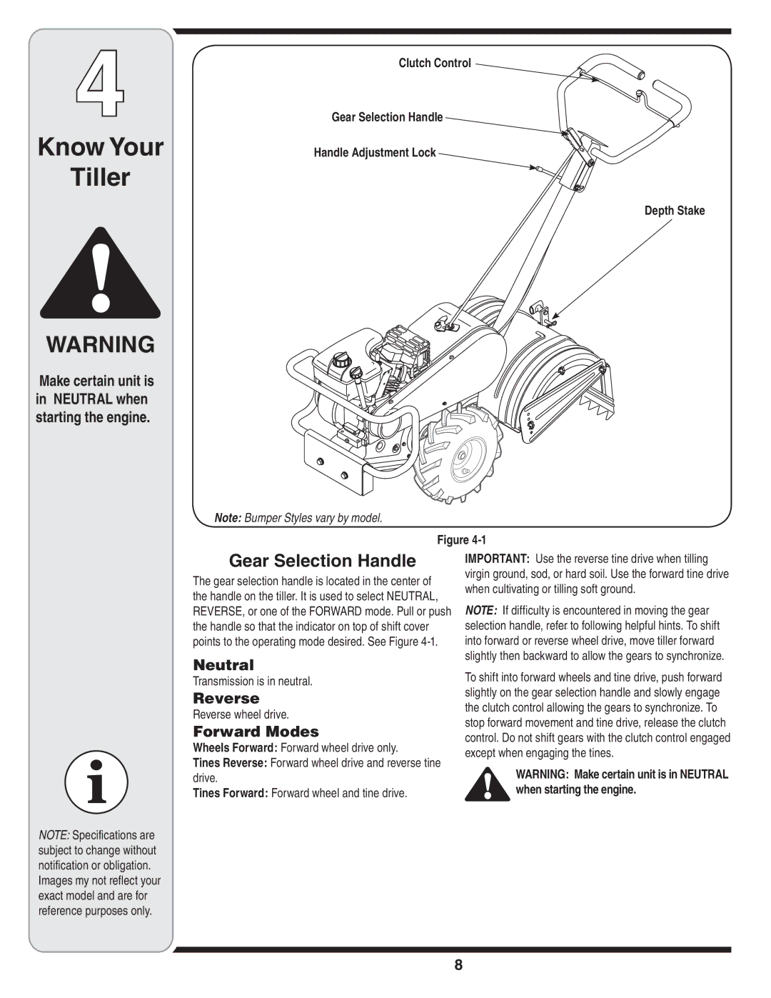 MTD 450 Series, 460 Series warranty Know Your Tiller, Gear Selection Handle, Neutral, Reverse, Forward Modes 