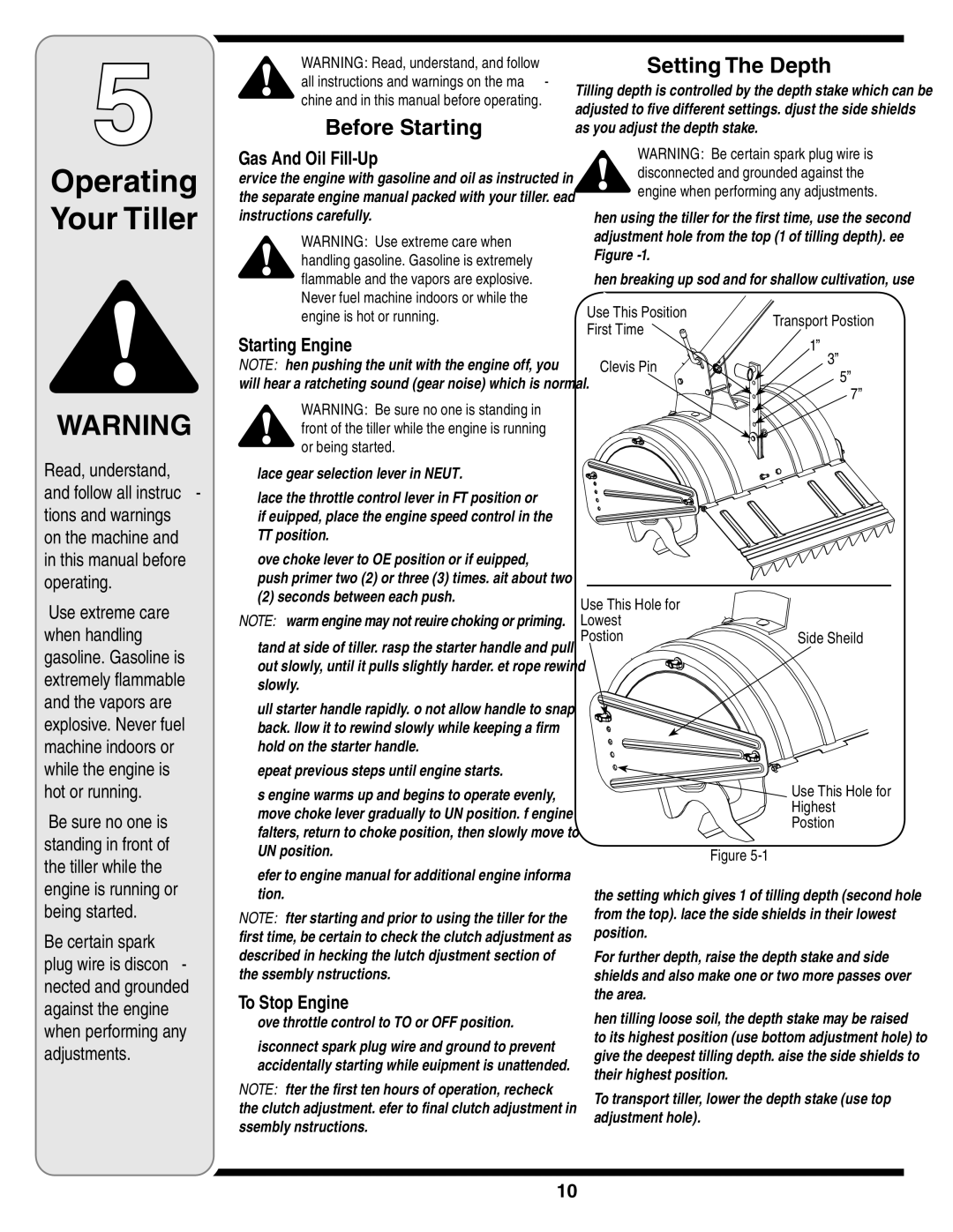 MTD 450 warranty Before Starting, Setting The Depth 