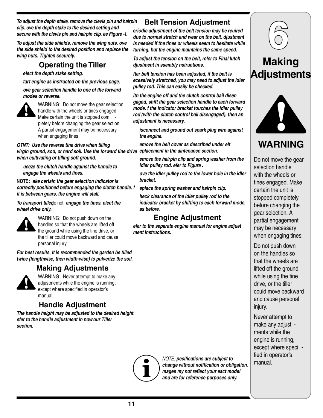 MTD 450 warranty Operating the Tiller, Making Adjustments Handle Adjustment, Belt Tension Adjustment, Engine Adjustment 