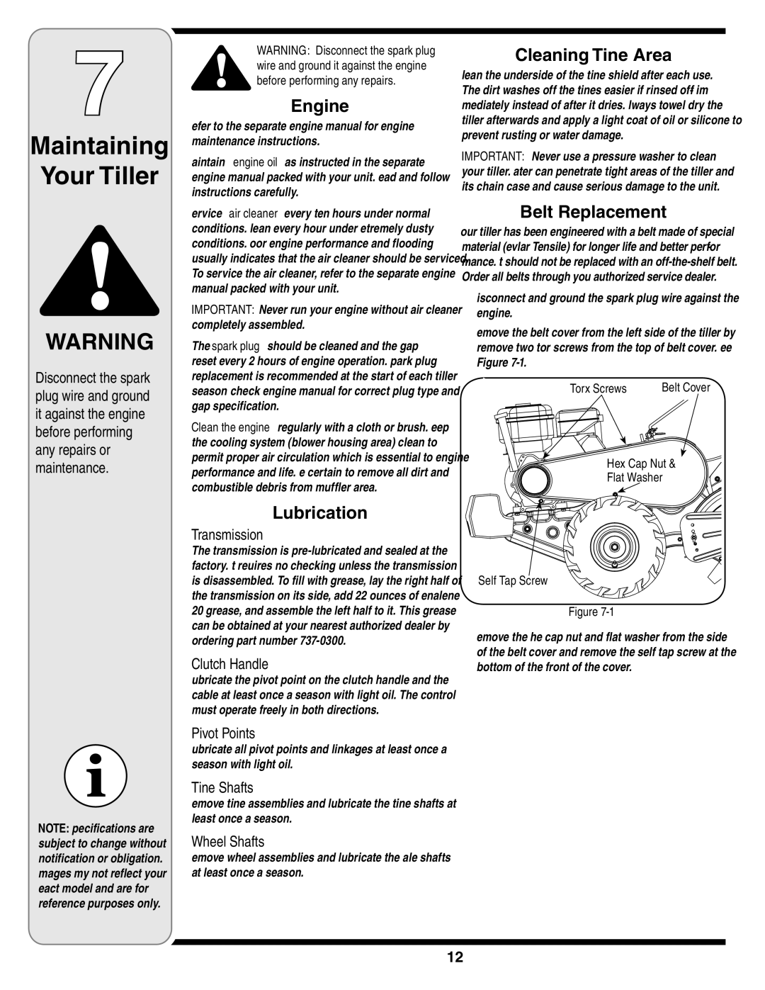 MTD 450 warranty Maintaining Your Tiller, Engine, Lubrication, Cleaning Tine Area, Belt Replacement 