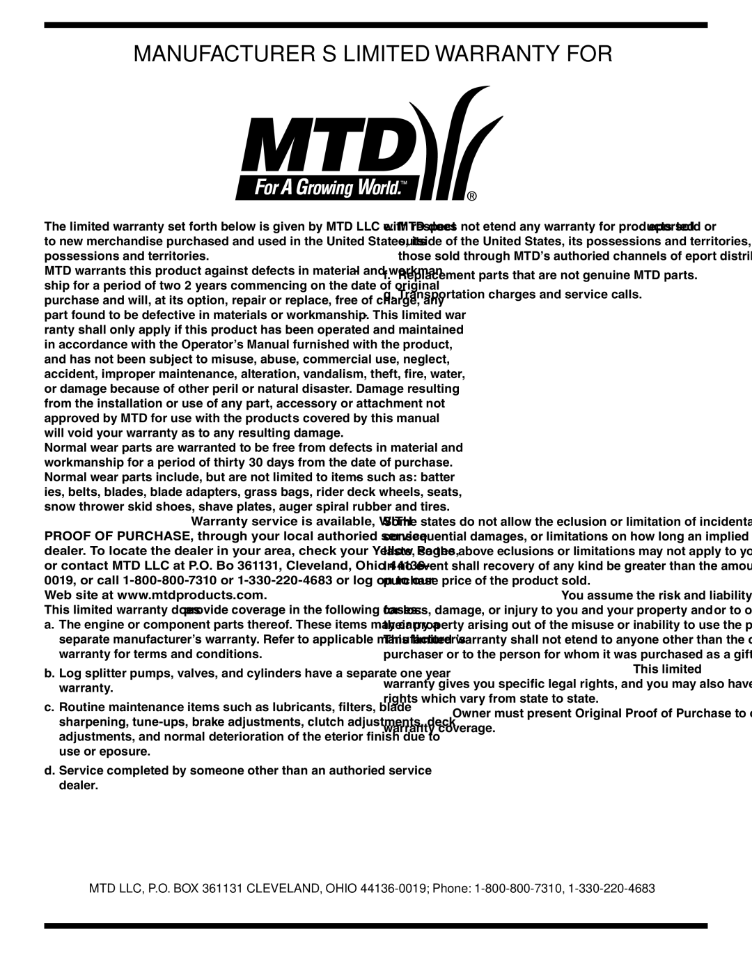 MTD 450 warranty MANUFACTURER’S Limited Warranty for 