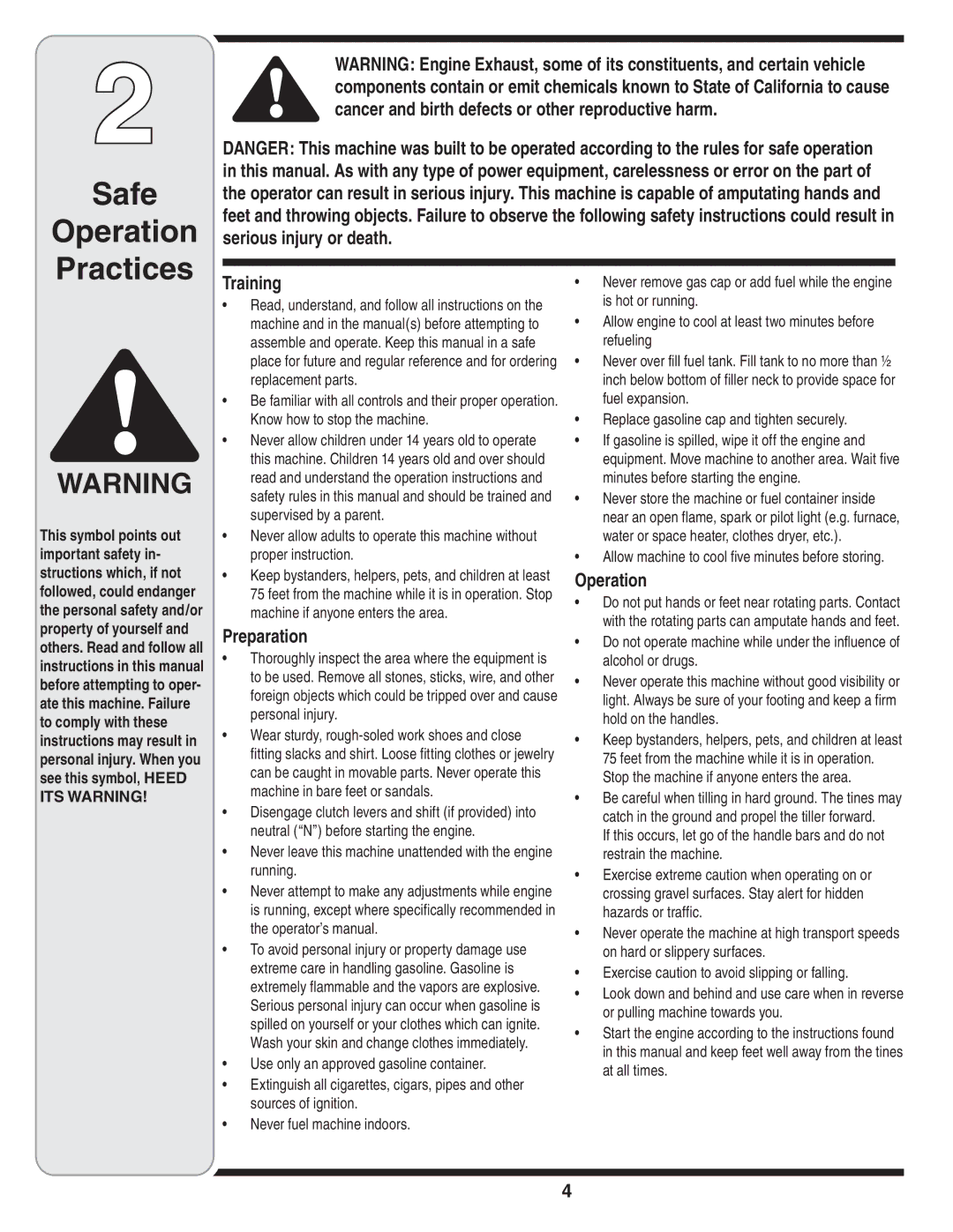 MTD 450 warranty Safe Operation Practices, Training, Preparation 