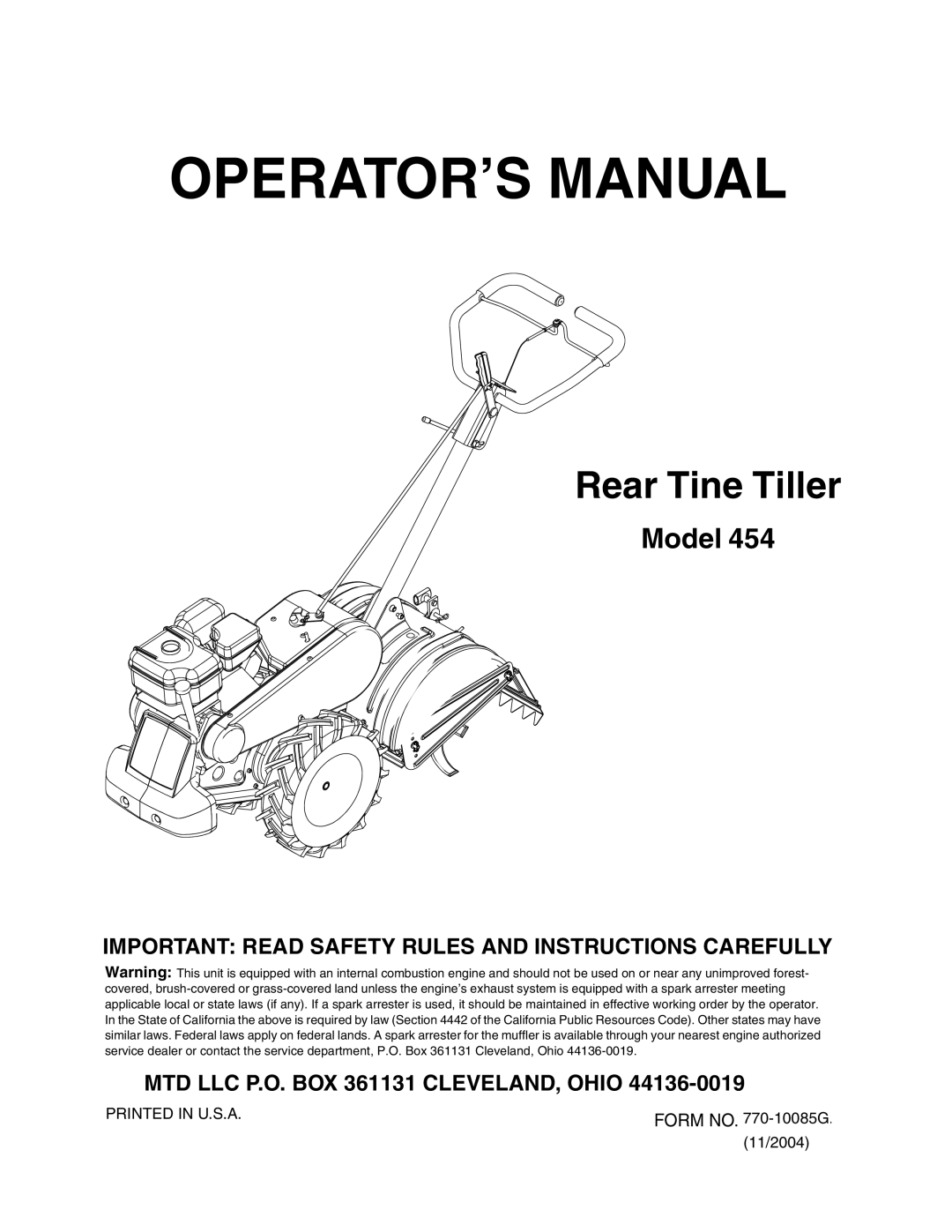 MTD 454 manual OPERATOR’S Manual 