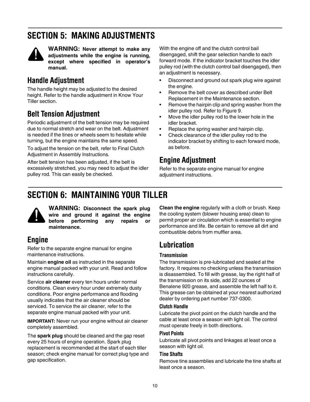 MTD 454 manual Maintaining Your Tiller 