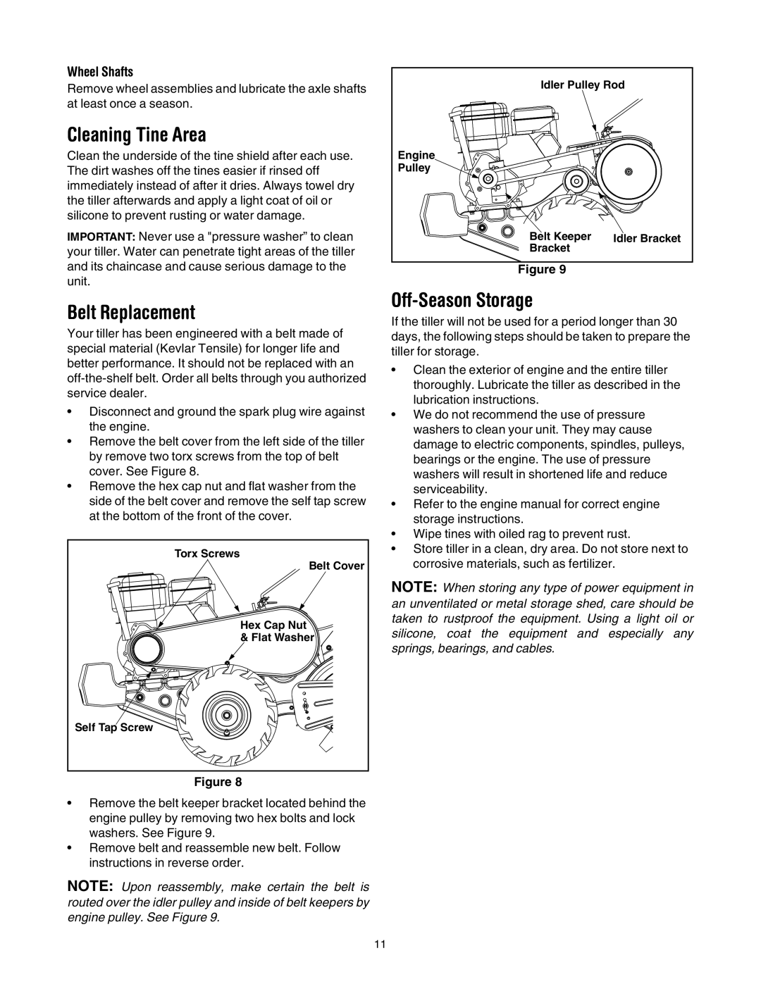 MTD 454 manual Cleaning Tine Area, Belt Replacement, Off-Season Storage 