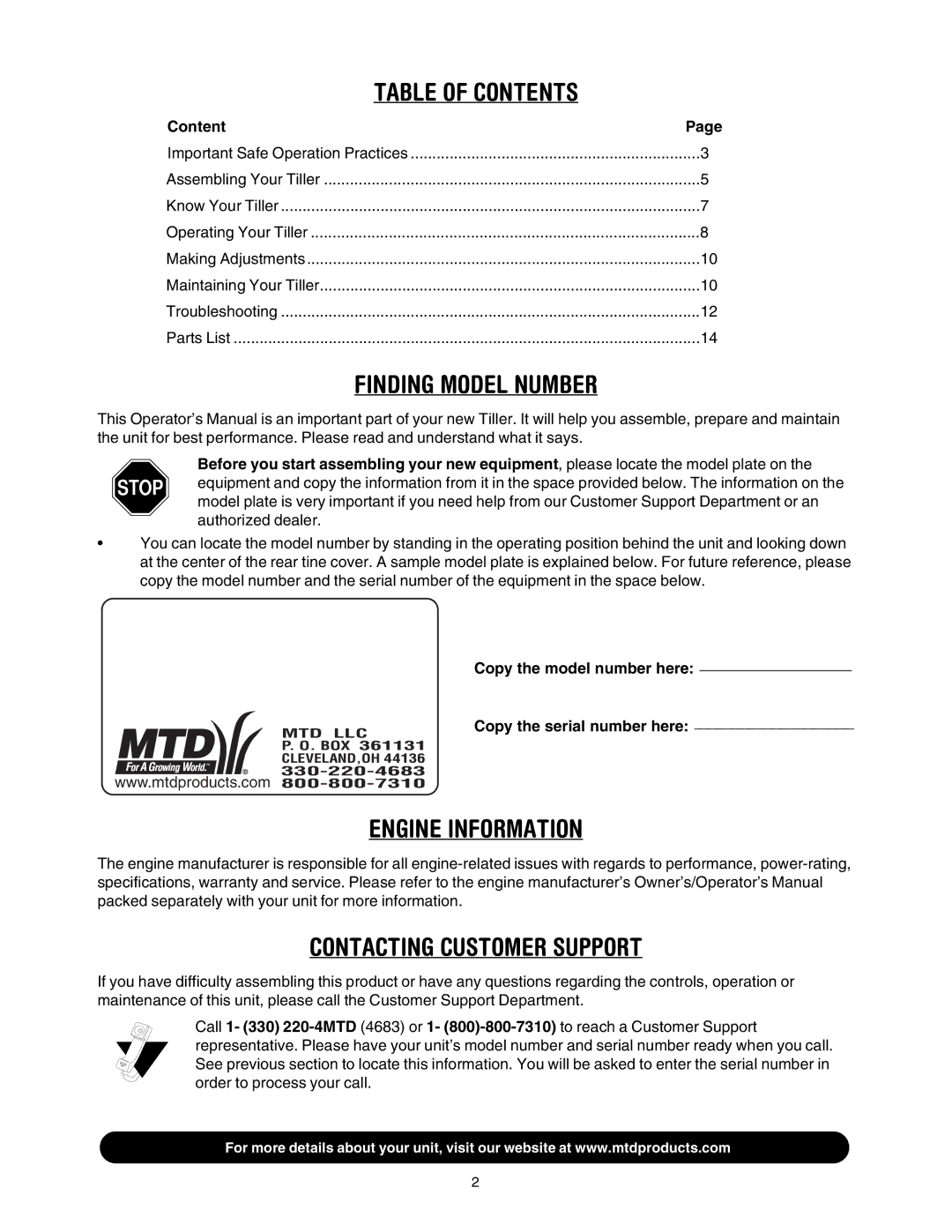 MTD 454 manual Table of Contents 